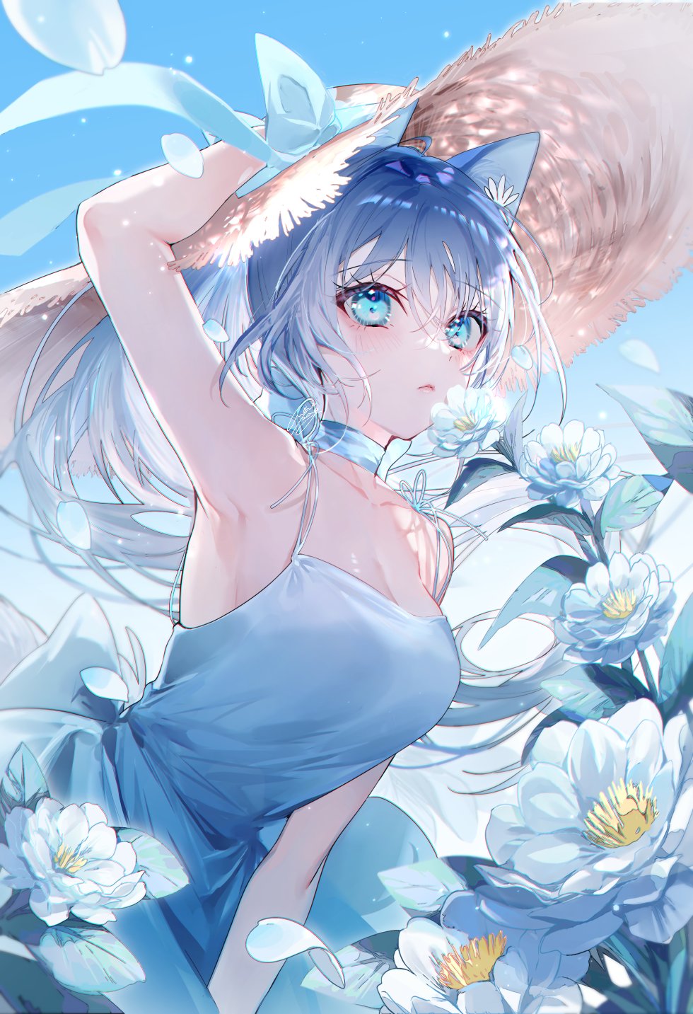 Anime 980x1433 anime anime girls dress straw hat flowers petals blue hair blue eyes looking at viewer long hair portrait display sky cat girl cat ears leaves