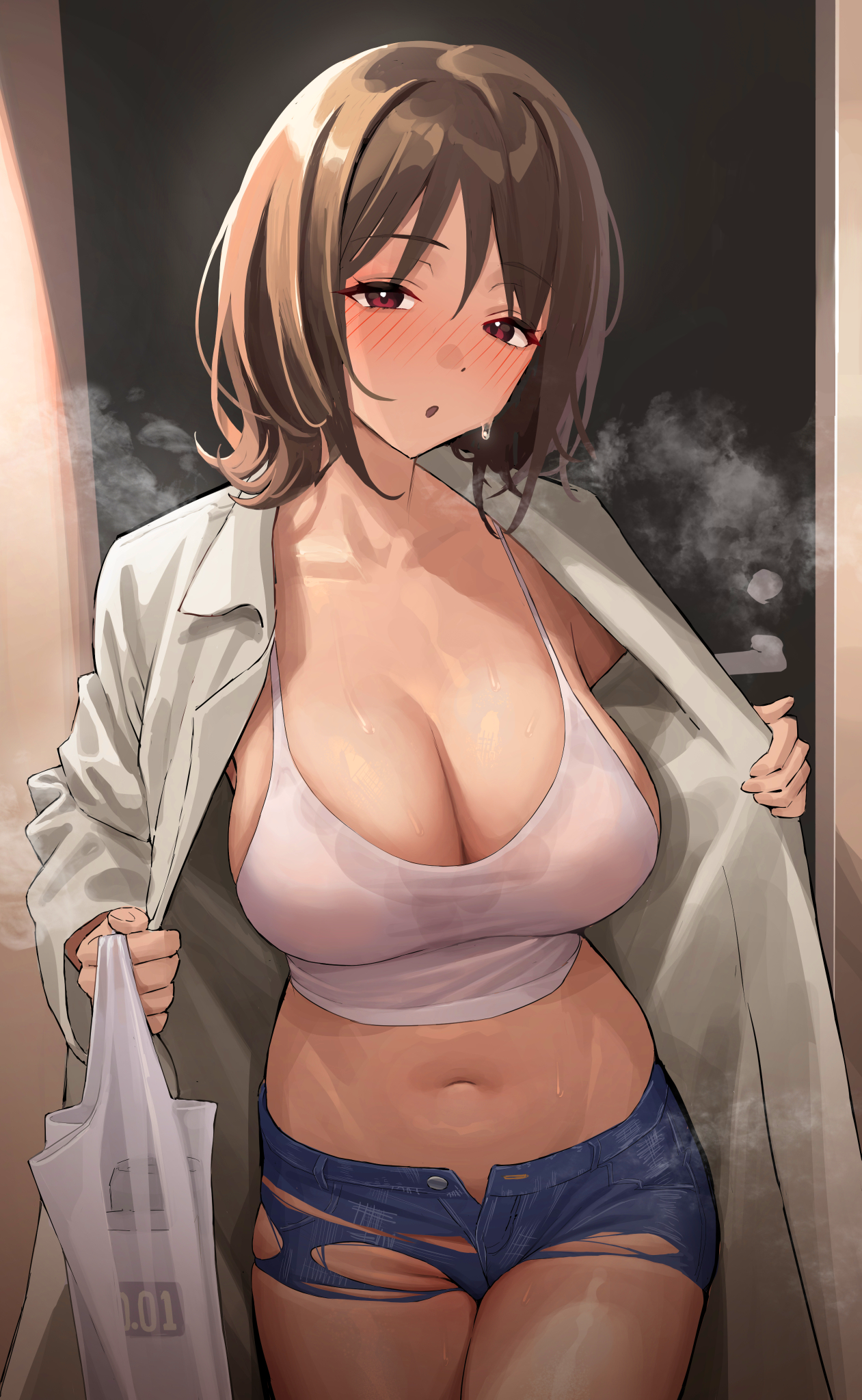 Anime 1261x2047 anime girls frontal view Regatta (Sport) short hair red eyes boobs bra pouting portrait display wet sweat sweaty body smoke hair over one eye coats open shorts shorts bag belly button big boobs standing jeans cleavage flashing blushing looking at viewer torn clothes short shorts belly jean shorts