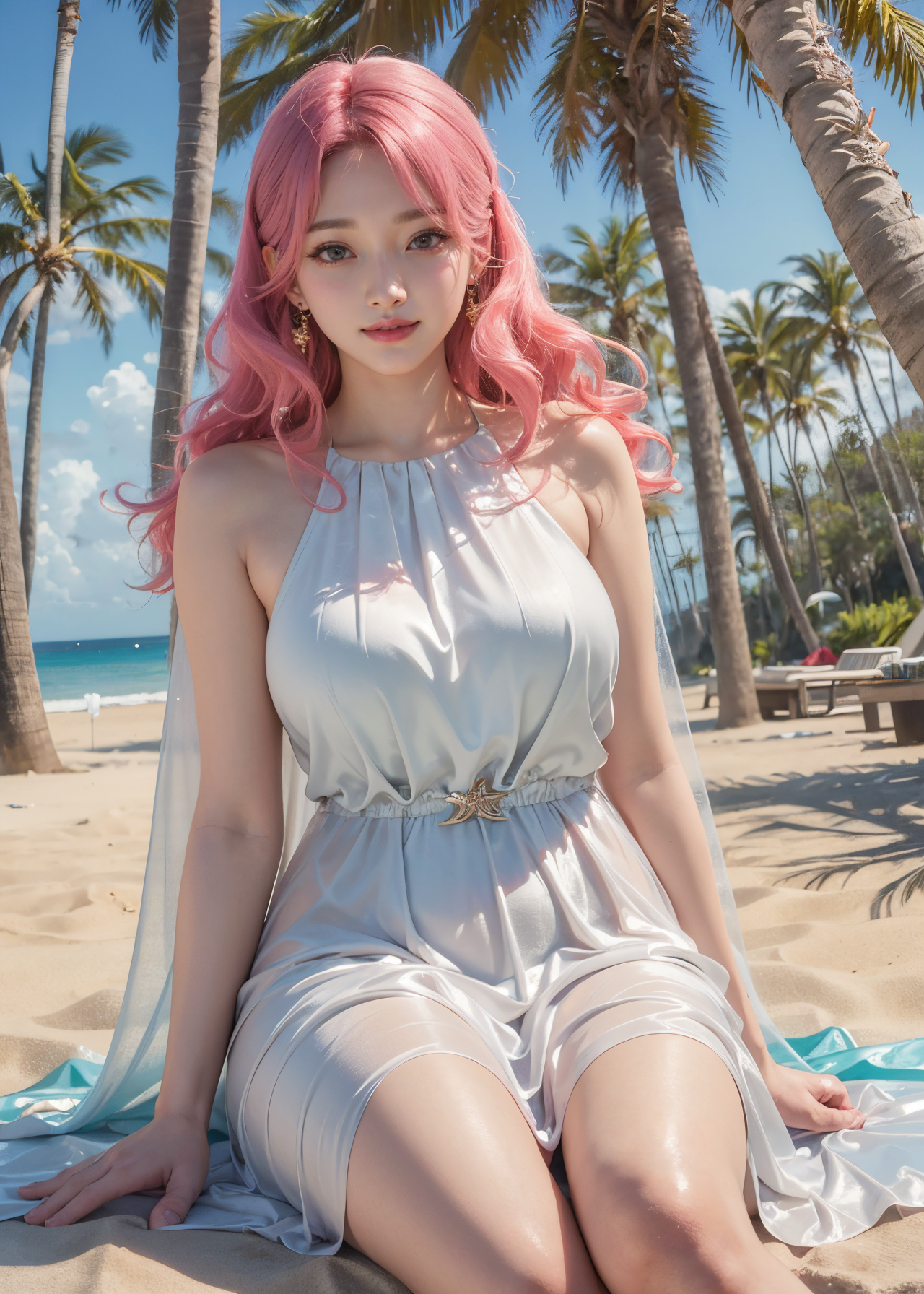 General 1280x1792 AI art women thick thigh big boobs looking at viewer collarbone illustration gown artwork digital art AIbot palm trees beach pink hair dress white dress smiling water clouds portrait display sitting sand earring