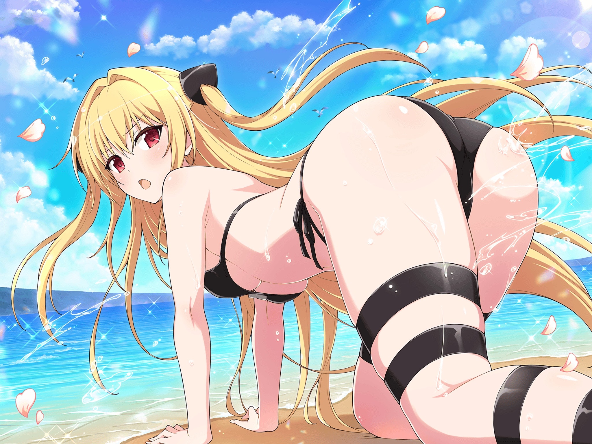Anime 2048x1536 swimwear Yaegashi Nan black bikinis anime girls looking back looking at viewer ass red eyes bare shoulders blonde hanging boobs black swimsuit crossover Golden Darkness thighs women on beach beach horizon hair ornament rear view wet swimsuit wet body water drops water small boobs crawling lens flare thigh strap open mouth sunlight women outdoors wet sand petals clouds sky legs