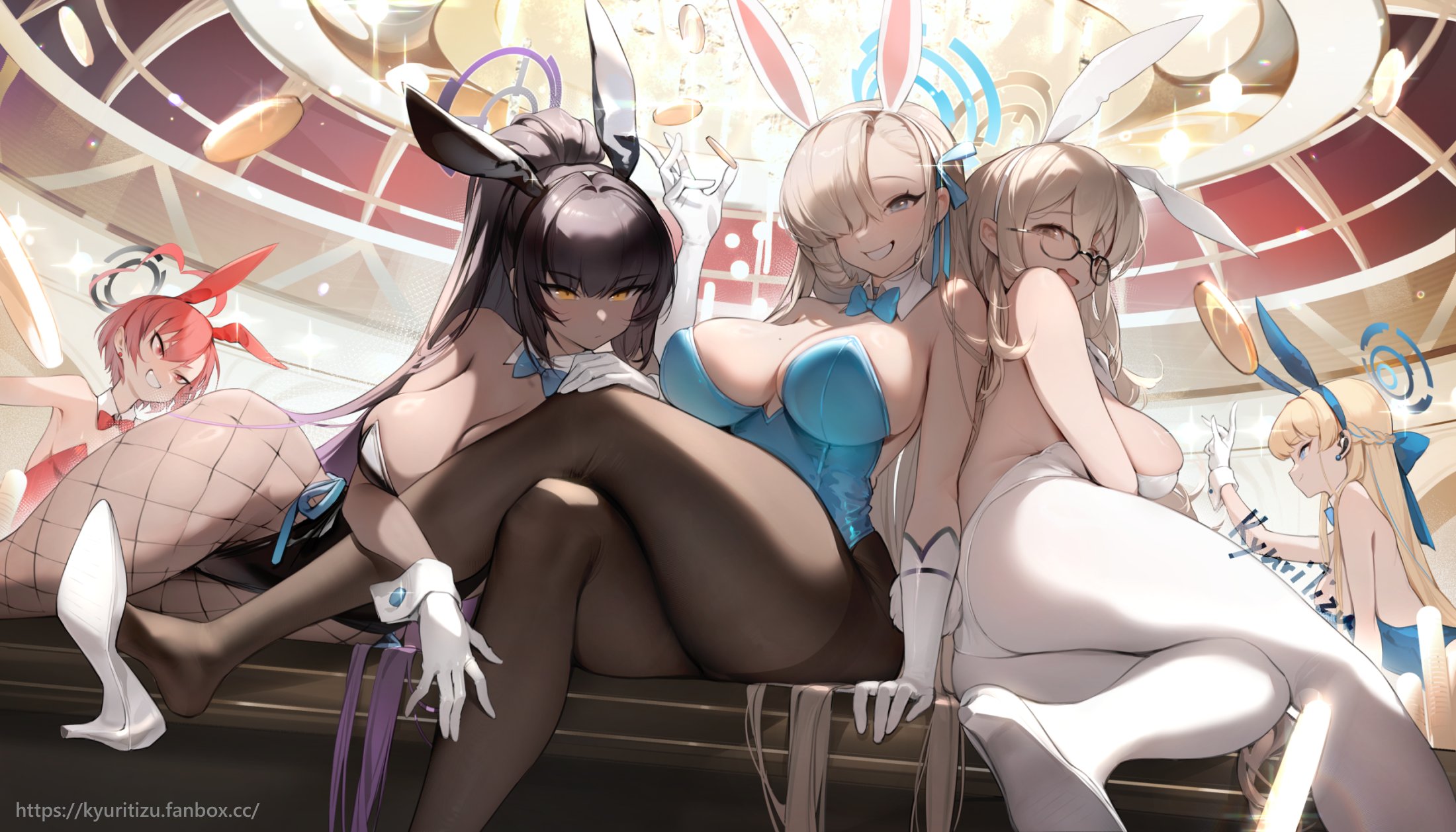 Anime 2200x1258 Blue Archive low-angle anime girls indoors Mikamo Neru red leotard Kakudate Karin leotard Asuna Ichinose long hair Murokasa Akane thighs Asuma Toki (Blue Archive) group of women heels black leotard blue leotard white leotard animal ears bunny girl bunny suit bunny ears pantyhose fishnet legs crossed hair over one eye gloves white gloves big boobs cleavage sideboob bow tie looking at viewer fishnet pantyhose coins gold coins lying on side looking back glasses Kyuri Tizu bare shoulders smiling women indoors