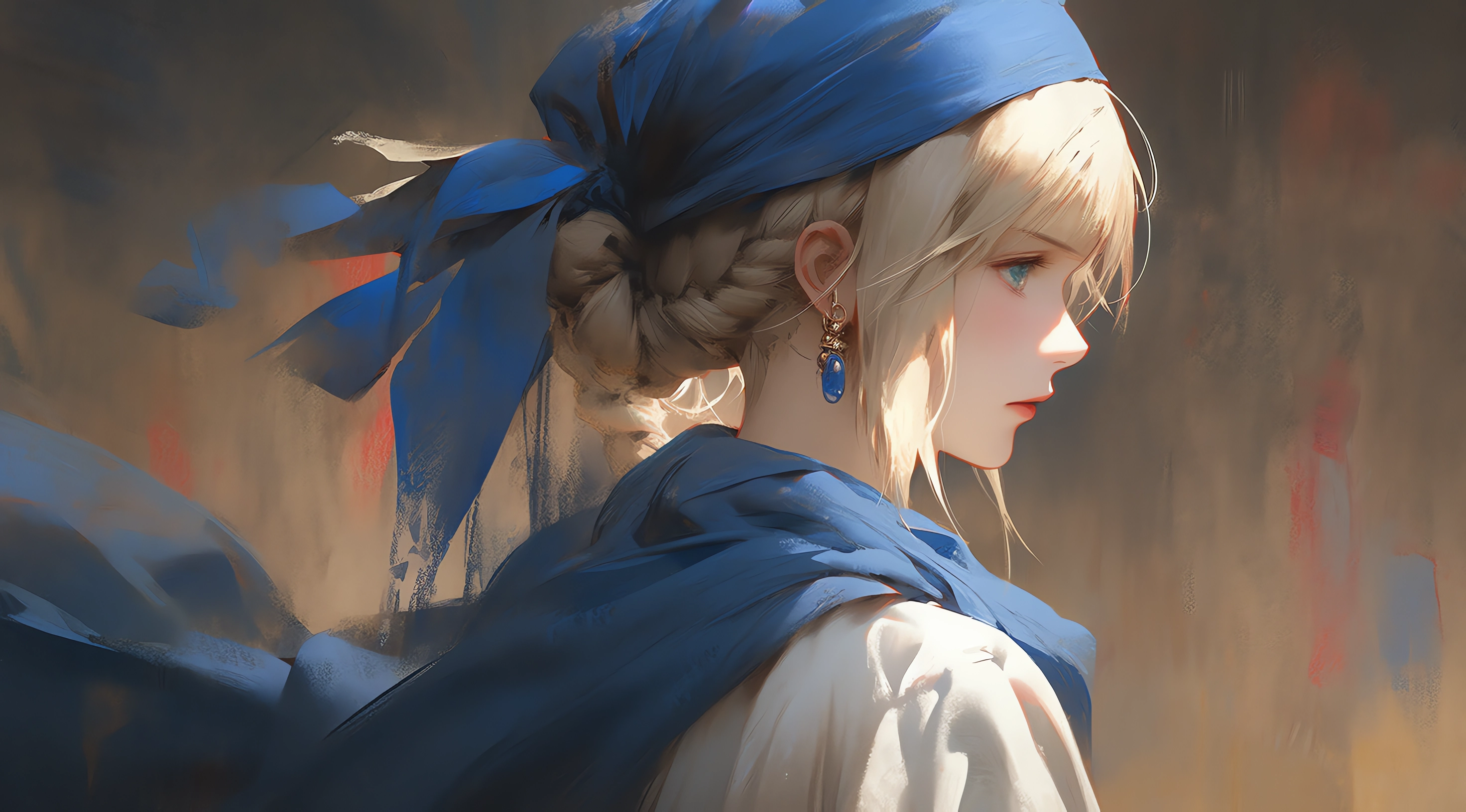 Anime 2944x1632 anime anime girls profile braids looking away earring blonde blue eyes simple background minimalism AI art