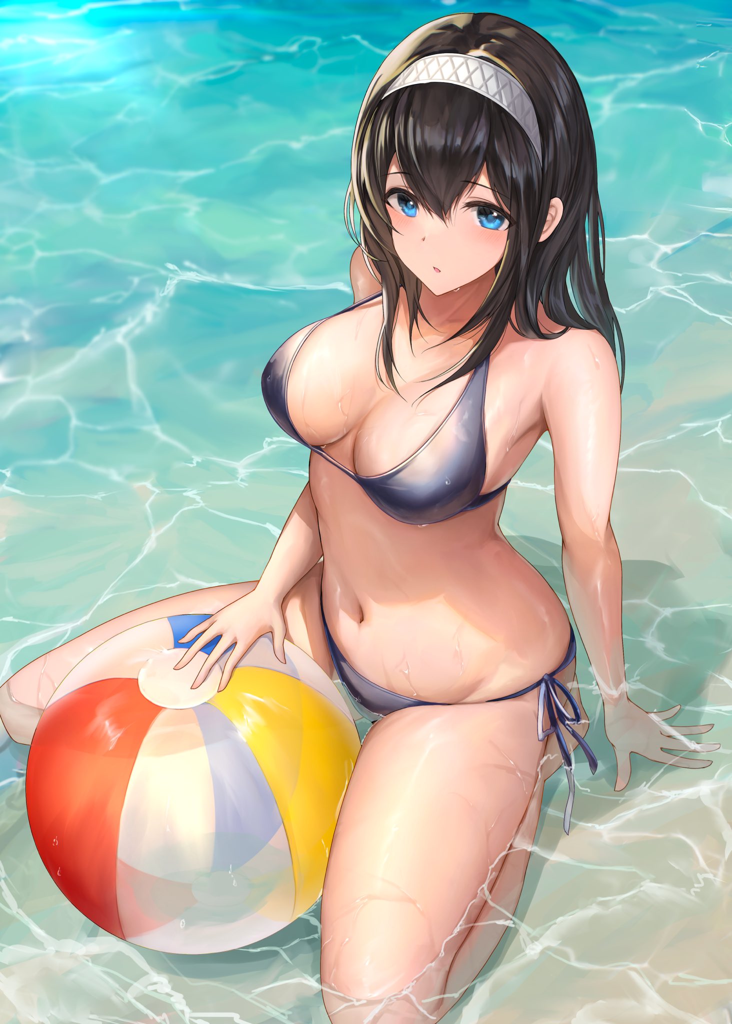Anime 1464x2048 THE iDOLM@STER bikini anime girls portrait display Sagisawa Fumika kneeling blue bikini beach ball high angle big boobs belly button blue eyes in water arm support looking at viewer belly black hair long hair cleavage swimwear water women outdoors bare shoulders thighs hairband open mouth blushing blue swimsuit Nyome991 outdoors wet body wet swimsuit