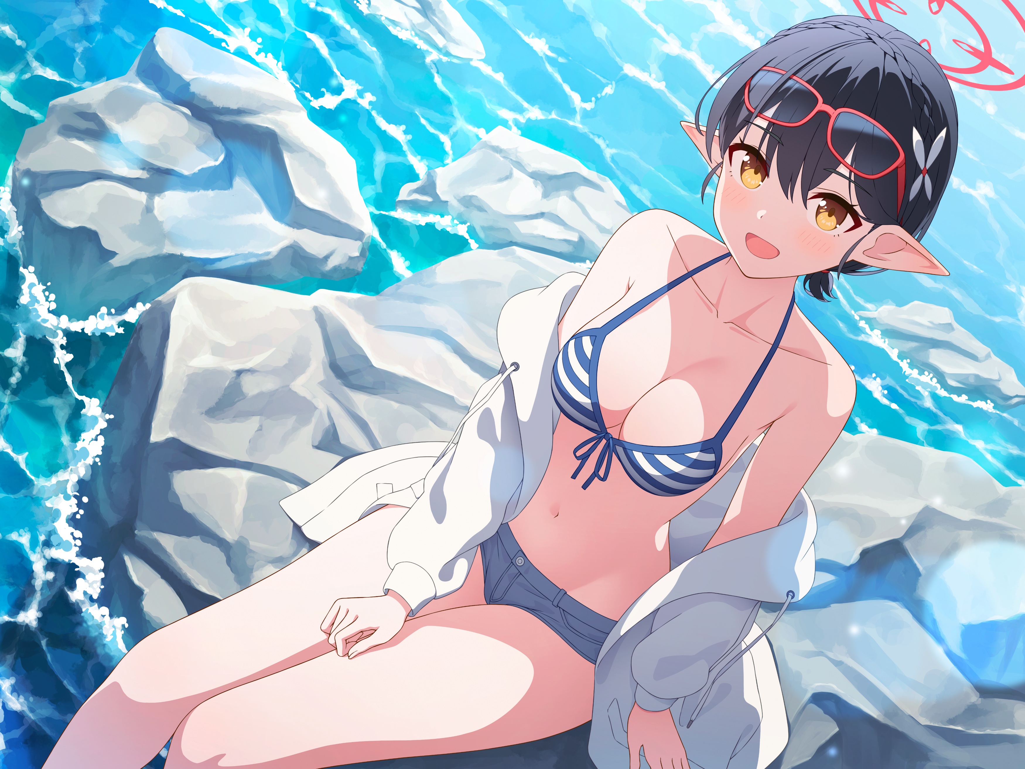 Anime 3500x2625 anime anime girls Blue Archive cleavage bikini top water pointy ears short hair sunglasses rocks flower in hair big boobs sitting yellow eyes blushing open mouth Ayane (Blue Archive)