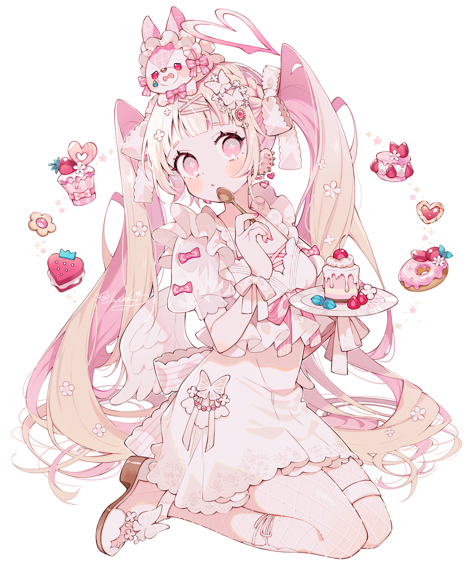 Anime 1600x1974 anime Pixiv anime girls portrait display twintails strawberries looking at viewer dress cake sweets earring digital art mole under eye animals macarons flower in hair donut moles blushing simple background white background bow tie long hair plates