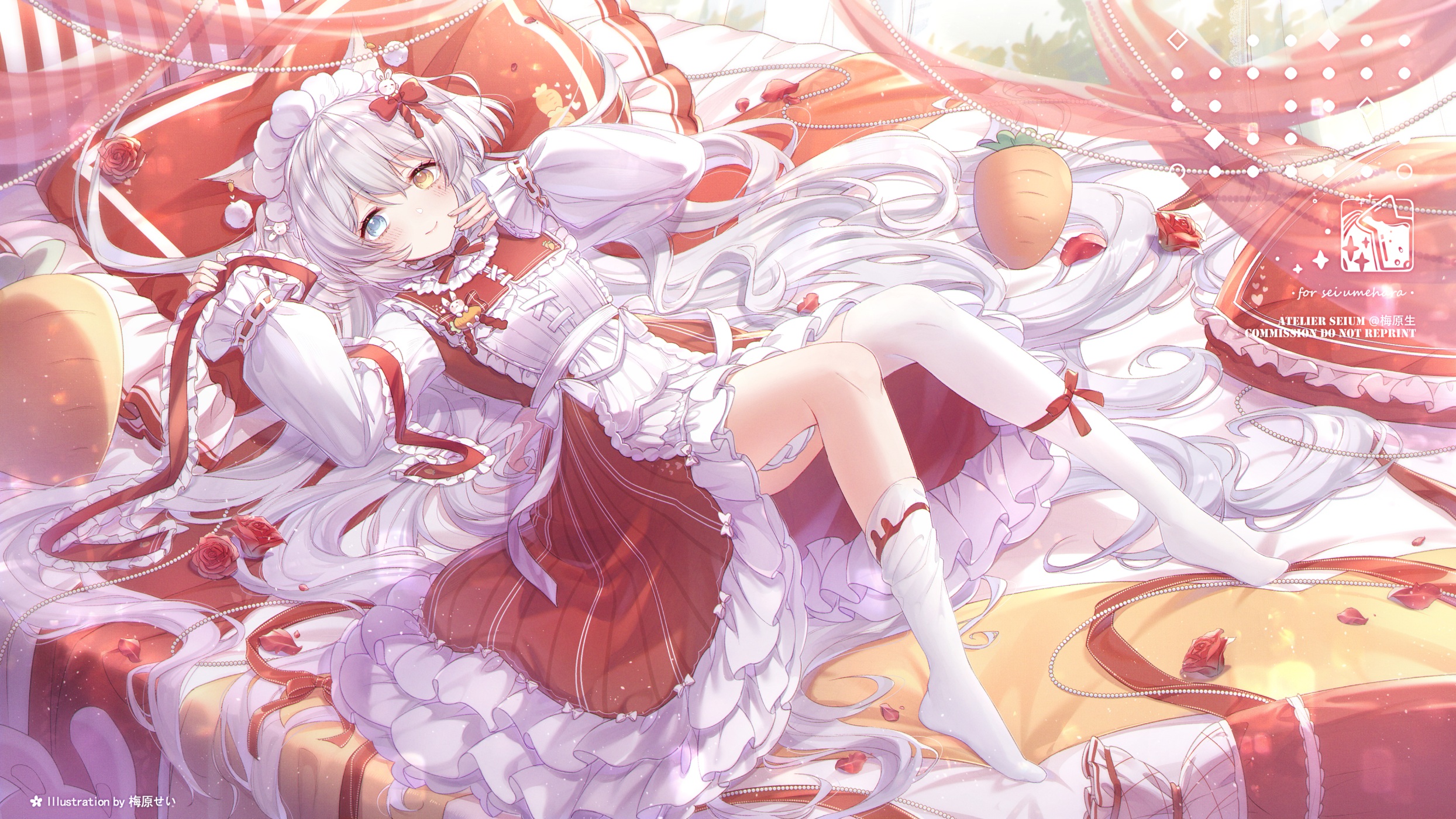 Anime 2489x1400 anime anime girls lying down lying on back heterochromia white hair long hair bow tie rose petals stockings looking at viewer dress watermarked moles mole under eye pillow smiling blushing bed