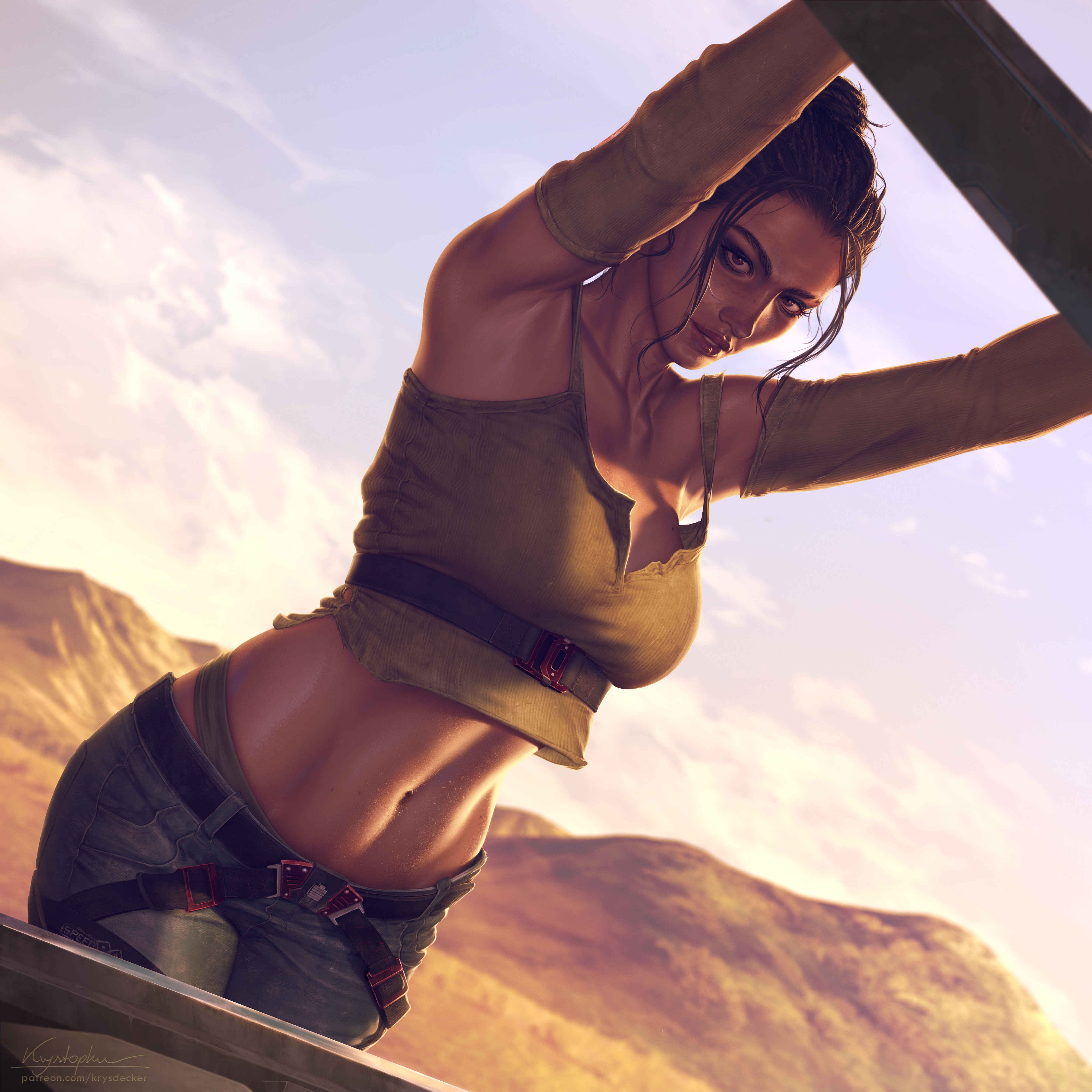 General 4047x4047 Panam Palmer Cyberpunk 2077 video games video game girls video game characters artwork drawing fan art Krys Decker clouds sky looking at viewer armpits signature