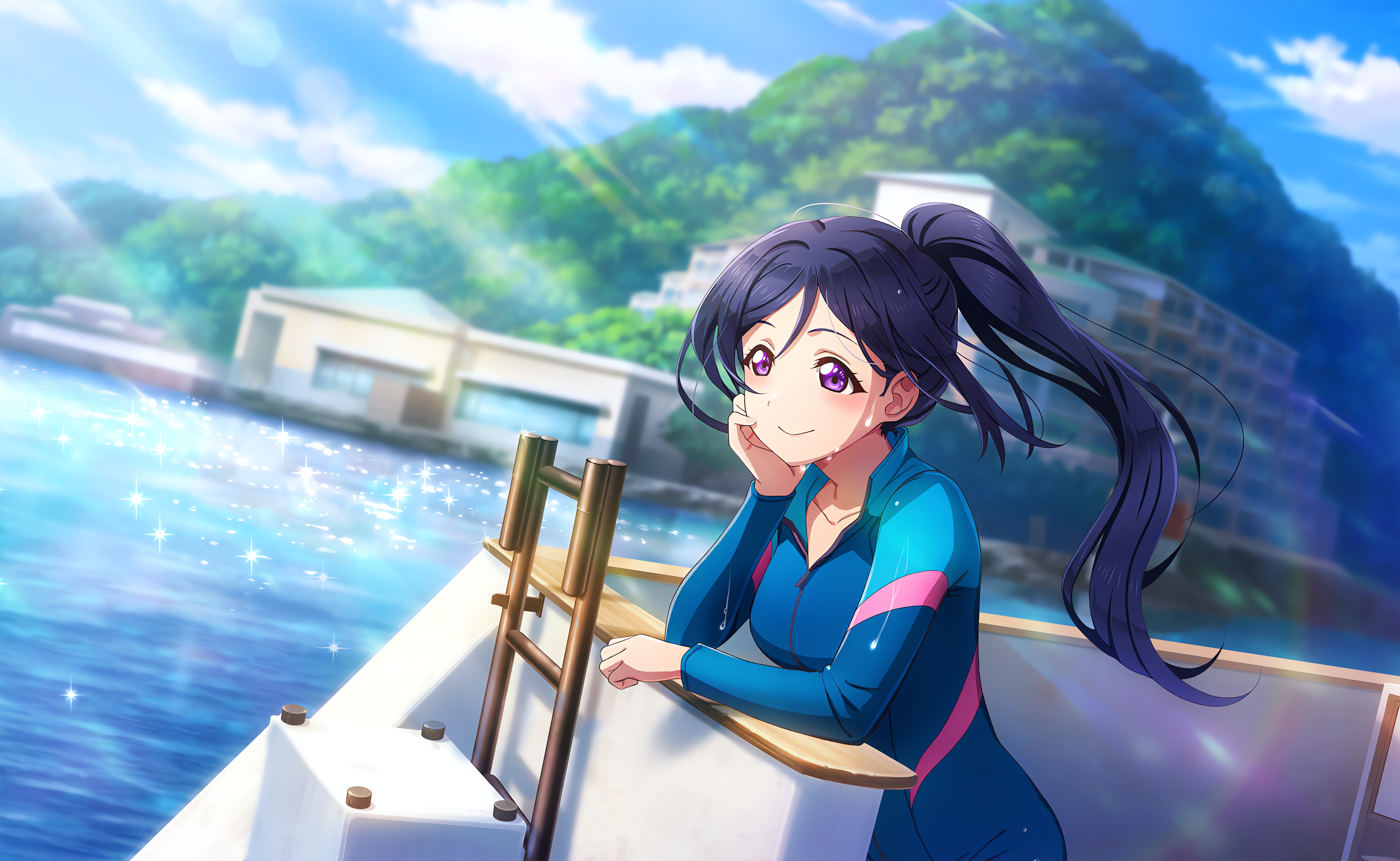 Anime 4096x2520 Matsuura Kanan Love Live! Love Live! Sunshine anime anime girls smiling looking away water sunlight swimwear blushing long hair ponytail wet clouds sky hand on face
