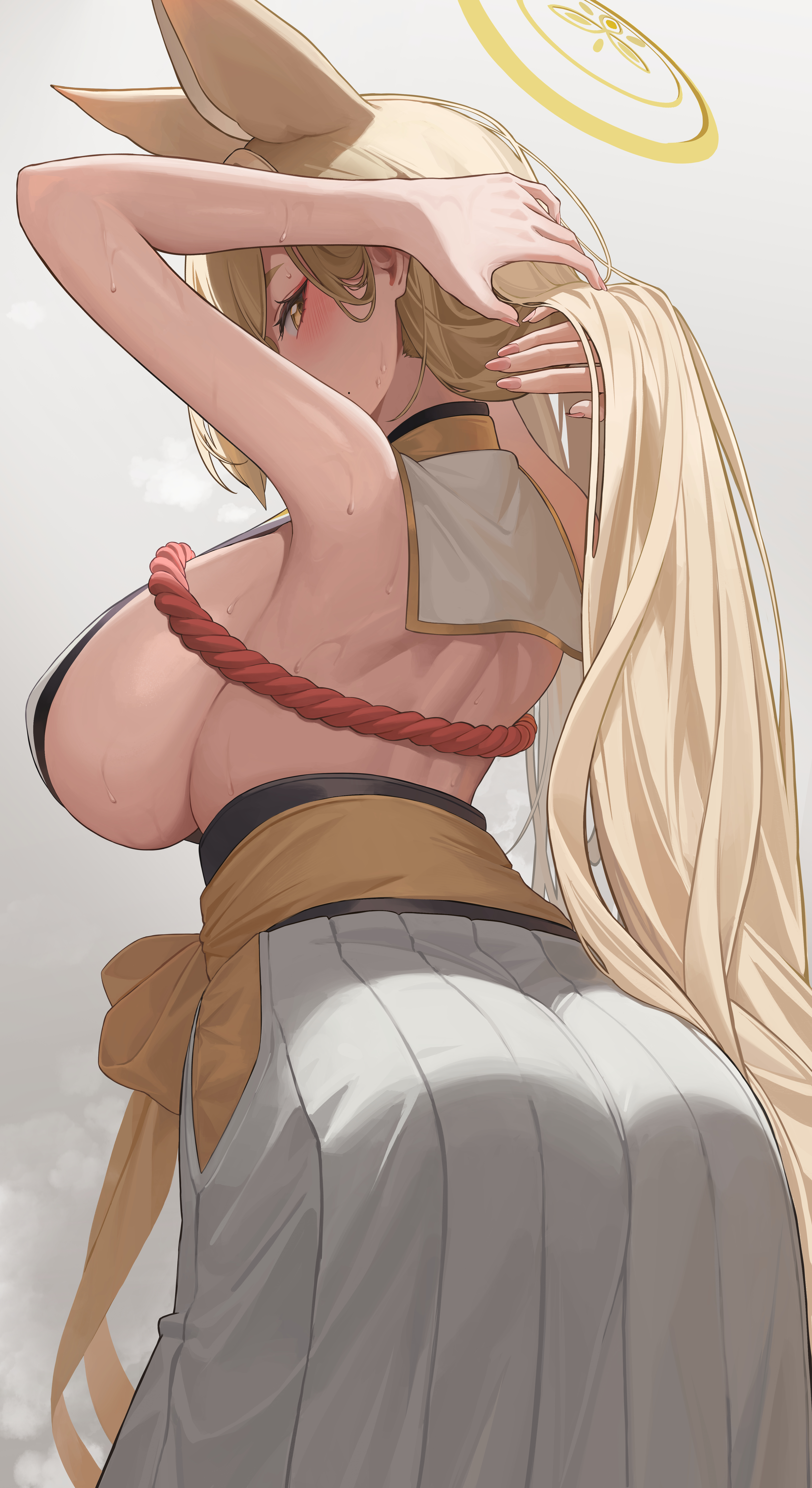 Anime 4009x7341 Blue Archive anime girls Kuwakami Kaho (Blue Archive) huge breasts sideboob portrait display blushing looking at viewer long hair fox girl fox ears ass simple background blonde minimalism