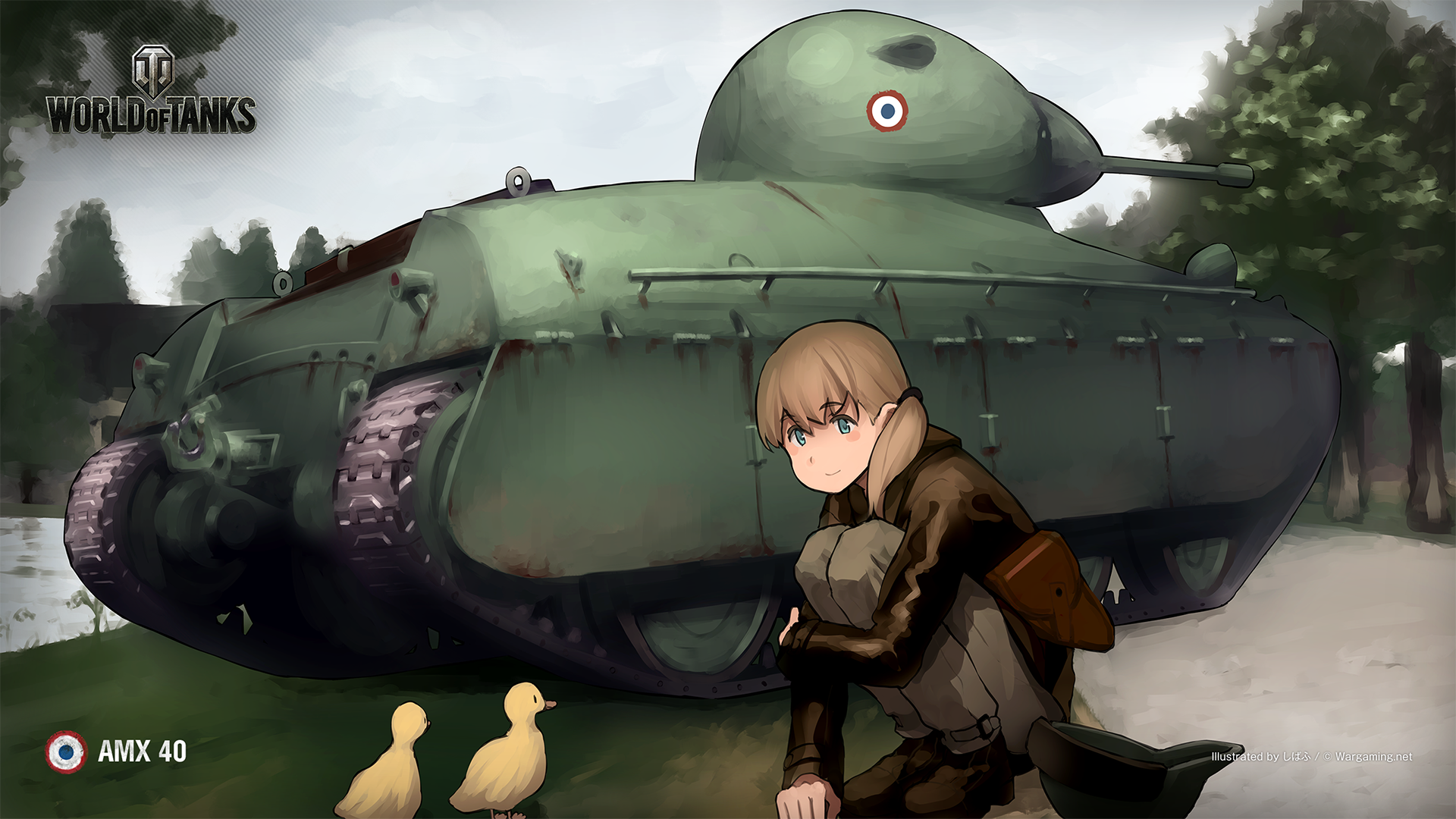 Anime 1920x1080 World of Tanks Kantai Collection squatting anime girls military vehicle tank logo trees looking at viewer blonde blue eyes uniform animals duck signature watermarked smiling