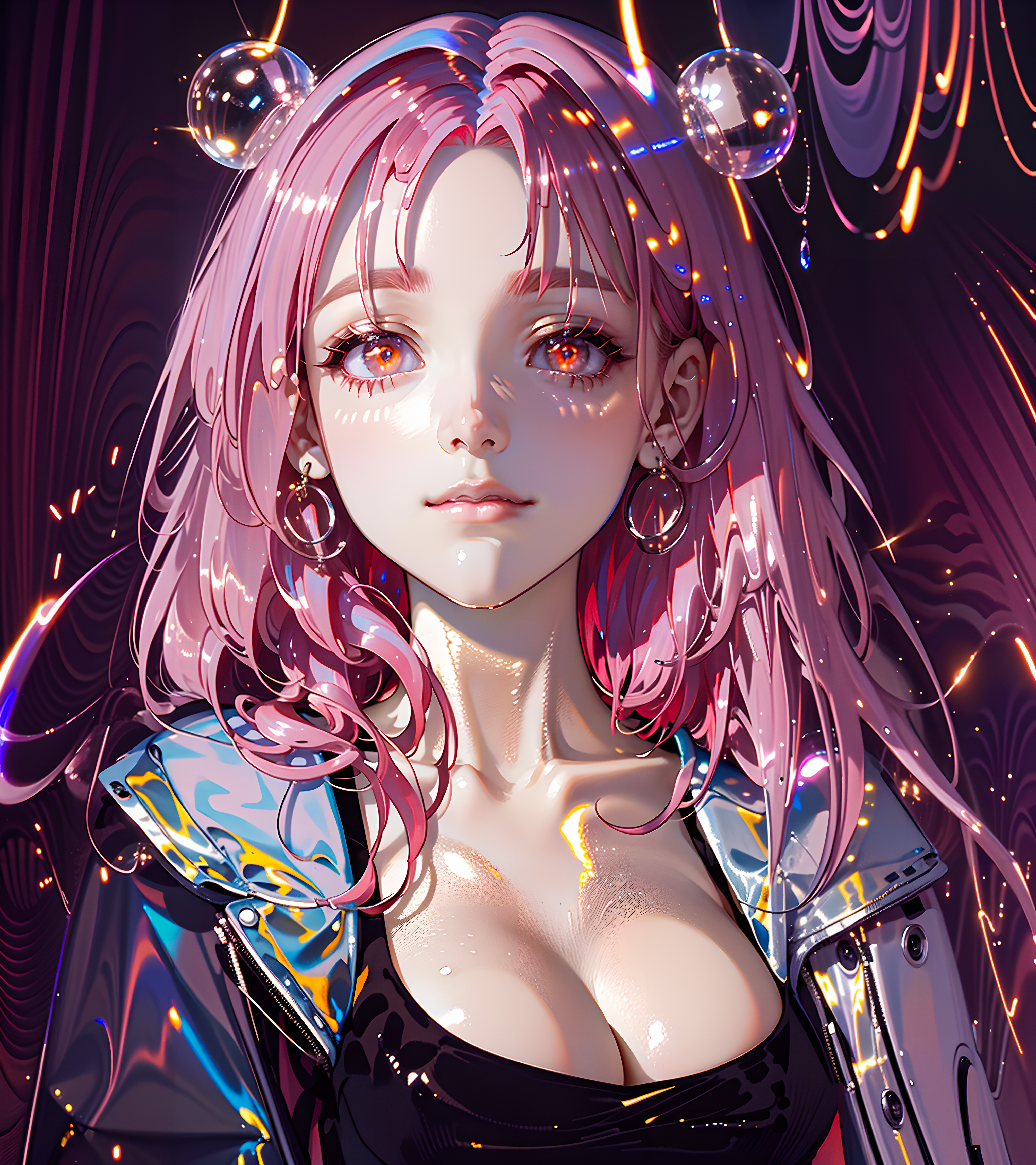Anime 5120x5760 Stable Diffusion anime girls Pink (artist) pink hair pink background shiny clothing shiny hair big boobs pink eyes laser AI art colorful looking at viewer earring long hair cleavage