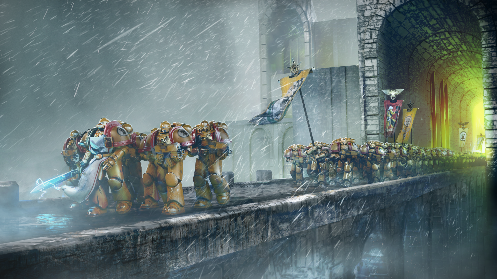 General 1920x1080 Warhammer 40,000 Imperial Fists armor rain flag sword weapon soldier video game art
