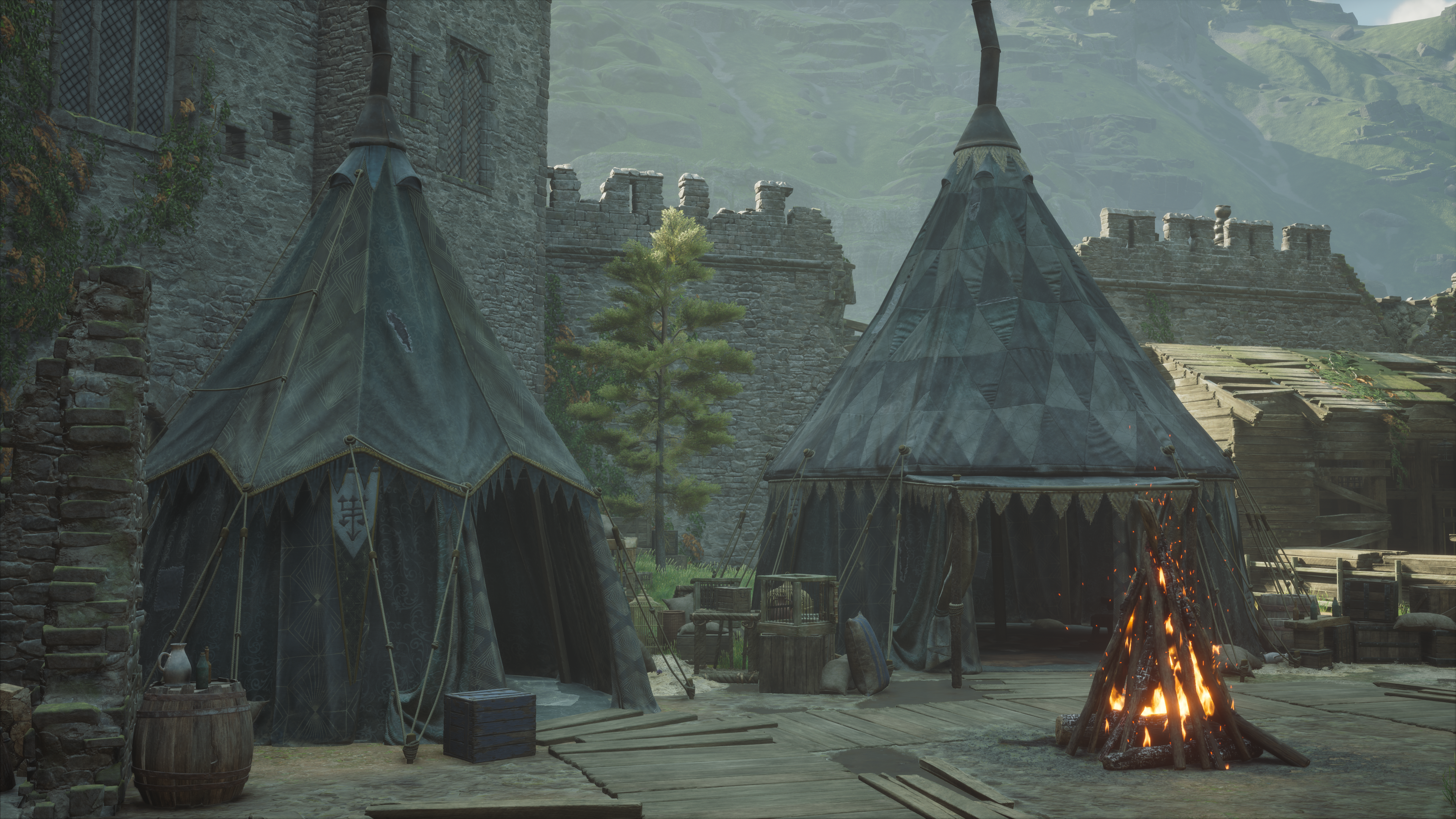 General 3840x2160 Nvidia RTX Hogwarts Legacy video games CGI video game art tent fire trees
