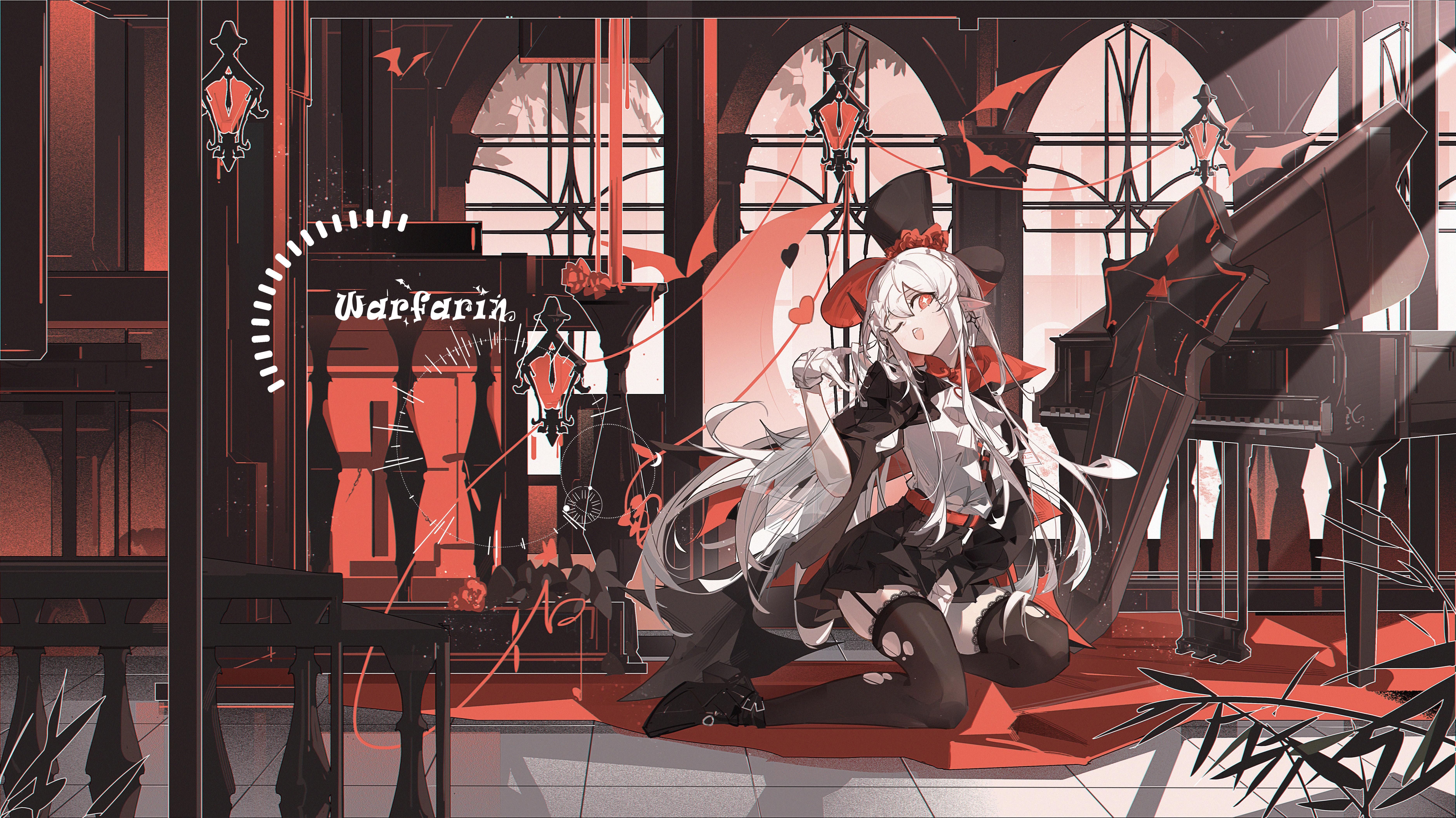 Anime 7500x4216 anime anime girls one eye closed long hair leaves looking at viewer musical instrument piano stockings garter straps torn stockings hat white hair pointy ears star eyes gloves women indoors Arknights Warfarin (Arknights)