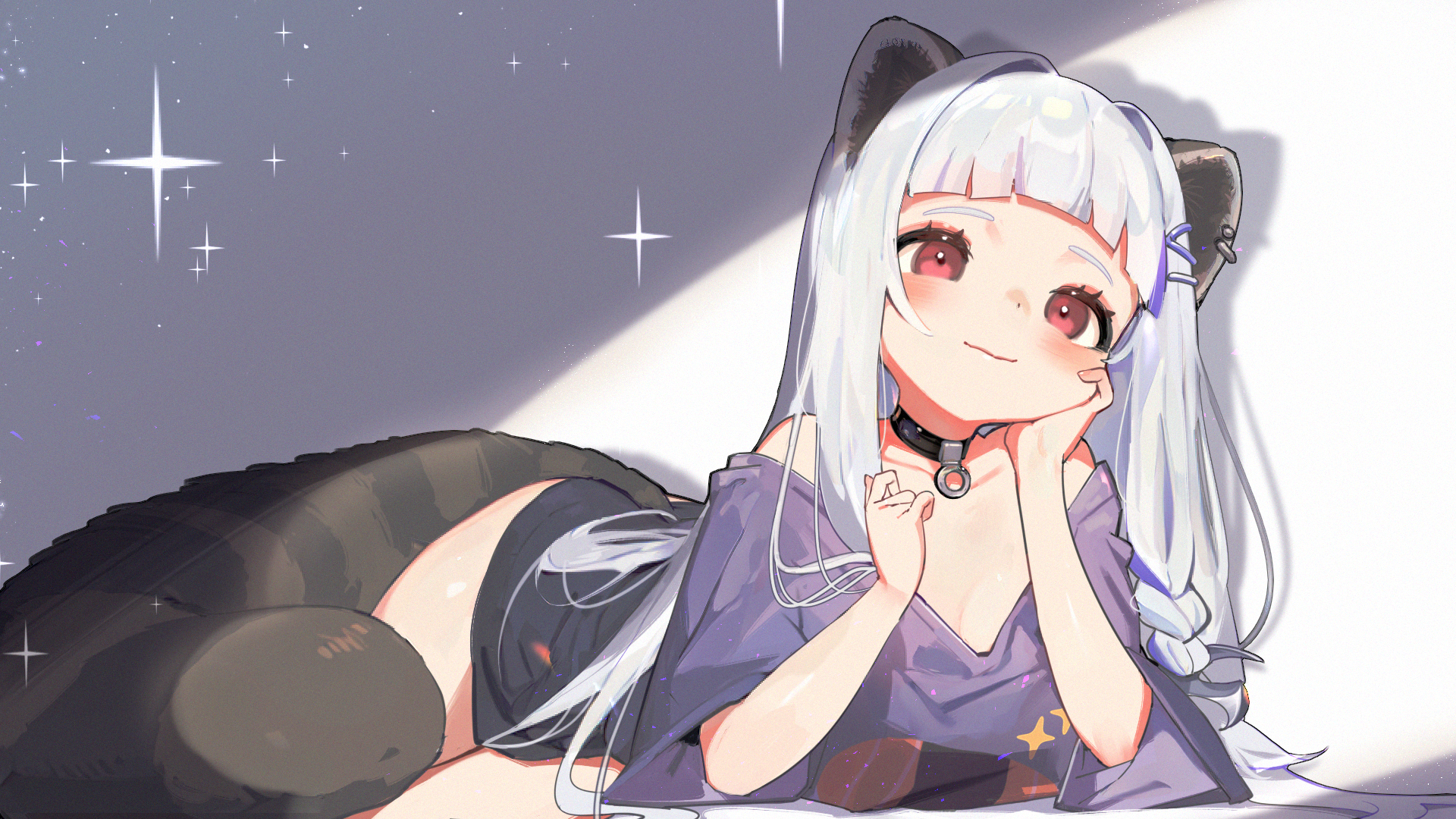 Anime 1920x1080 anime anime girls hand on face smiling blushing long hair lying down lying on front looking at viewer collar stars simple background animal ears minimalism