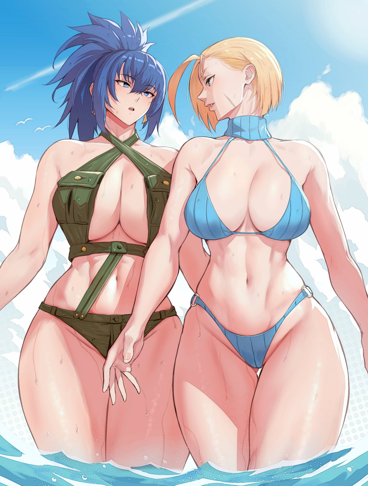 Anime 1450x1914 King of Fighters Capcom video game girls crossover portrait display swimwear Leona Heidern two women Cammy White cleavage Street Fighter huge breasts muscular women outdoors bikini standing in water water bare shoulders face to face short hair blonde dark blue hair blue eyes ponytail Anagumasan cumulus thighs together clouds parted lips wet body thick thigh sunlight thighs scars wet SNK abs panties