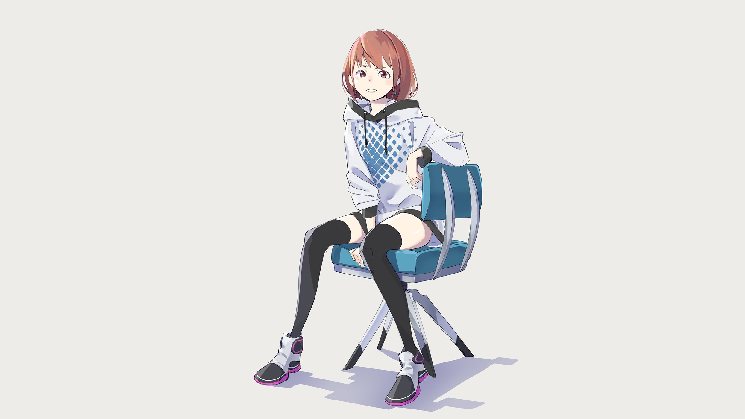 Anime 2489x1400 anime anime girls simple background original characters artwork drawing Popman3580 sitting gray background jacket smiling looking at viewer short hair stockings