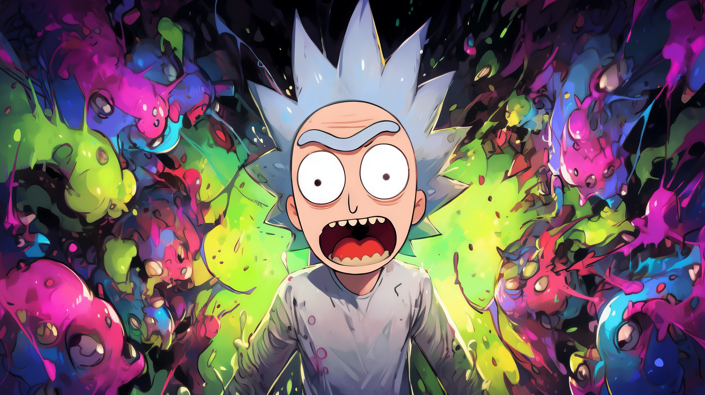 General 2330x1306 AI art colorful Rick and Morty open mouth digital art looking at viewer old