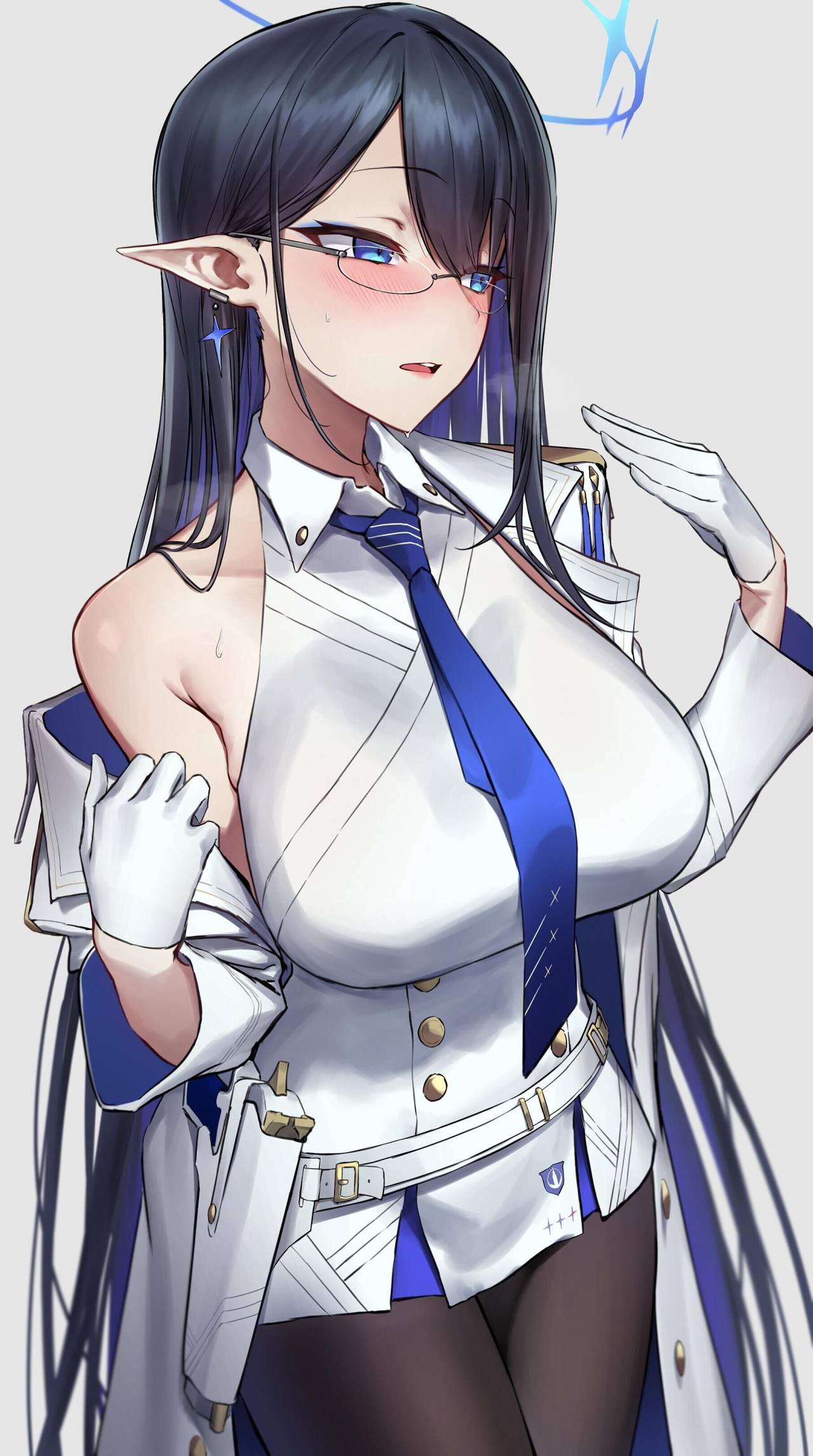 Anime 1280x2292 anime girls Blue Archive pointy ears glasses Nanagami Rin (Blue Archive) portrait display big boobs looking sideways long hair blue hair blue eyes blushing earring uniform simple background gloves white background