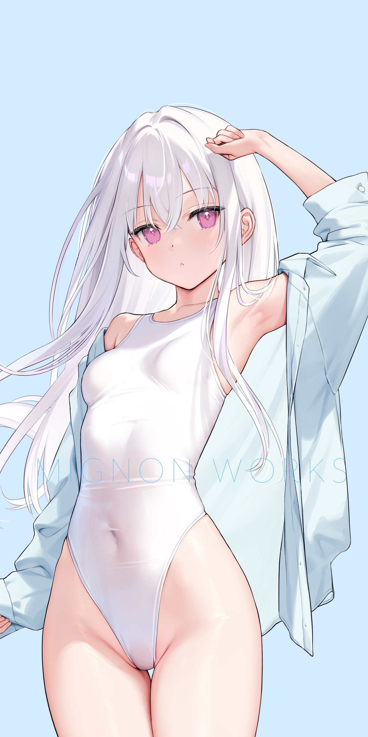 Anime 1200x2400 Shiro (Mignon) swimwear portrait display anime girls small boobs open shirt white hair blue shirt long hair purple eyes pink eyes looking at viewer one-piece swimsuit shirt white swimsuit armpits one arm up blushing long sleeves minimalism simple background blue background