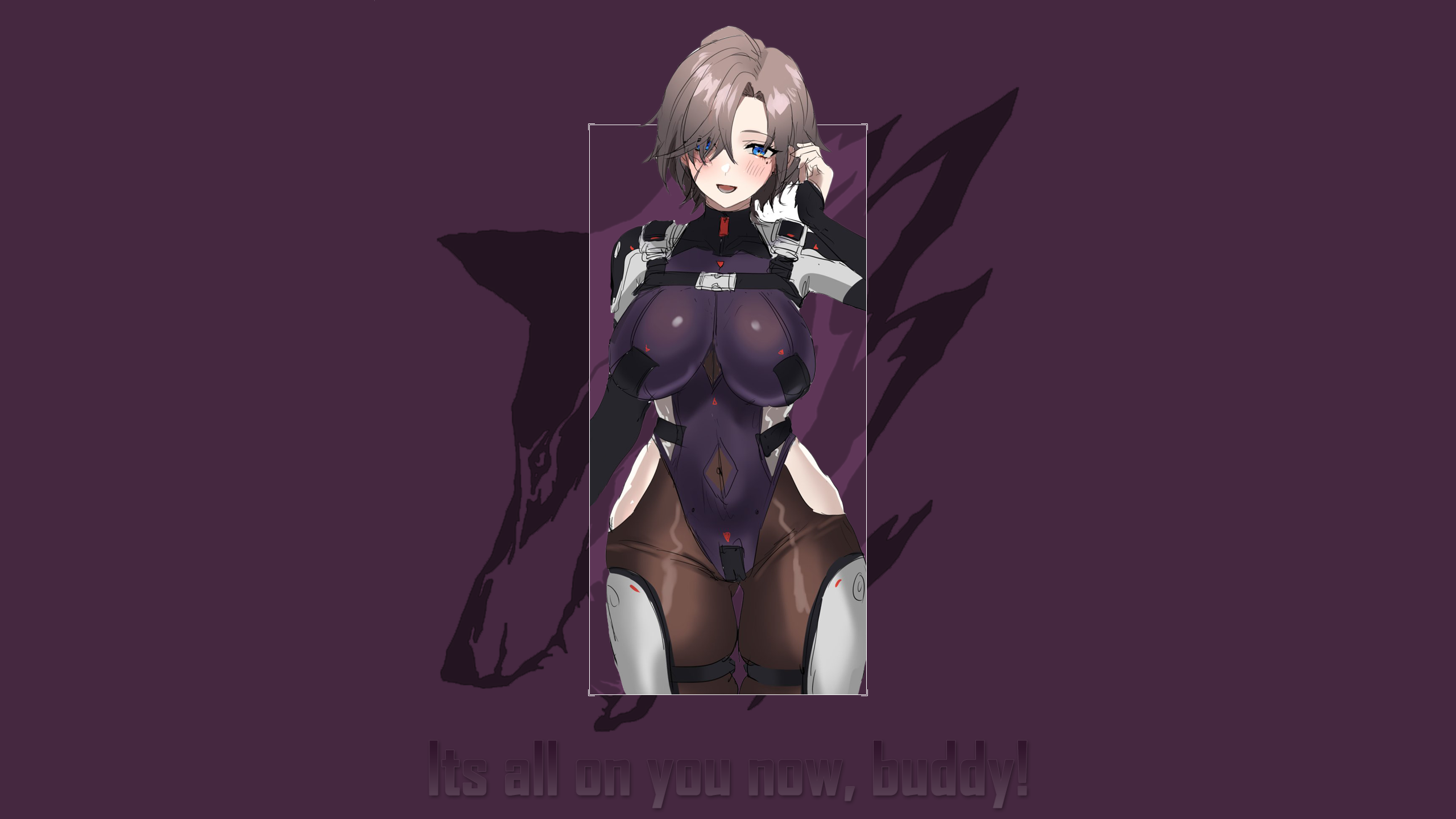 Anime 2560x1440 rusty Armored Core VI Armored Core anime girls picture-in-picture blushing moles mole under eye short hair blue eyes looking at viewer big boobs bodysuit minimalism simple background hair over one eye