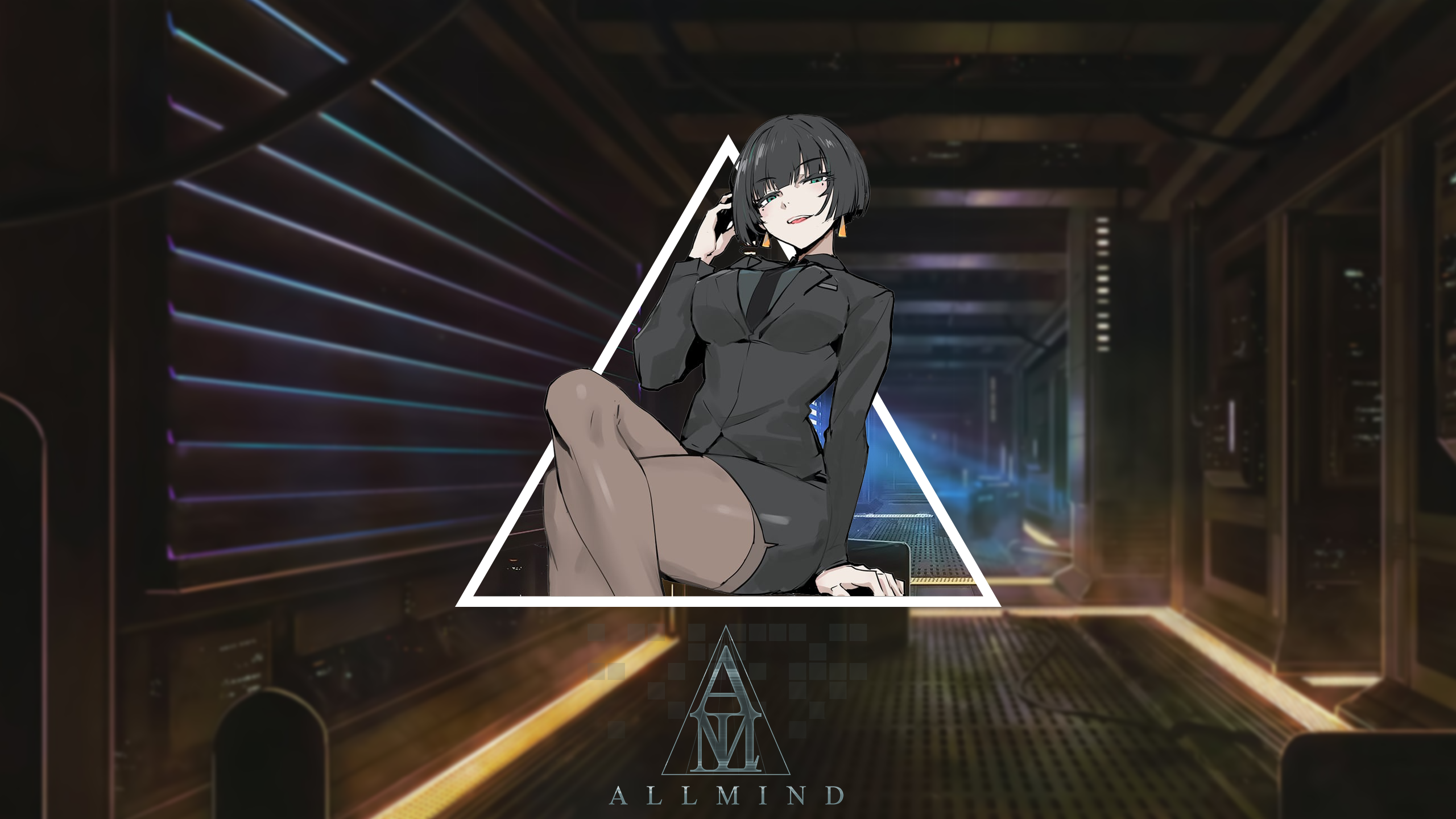 Anime 2560x1440 Armored Core VI allmind Armored Core anime girls picture-in-picture earring moles mole under eye short hair looking at viewer blue eyes legs crossed