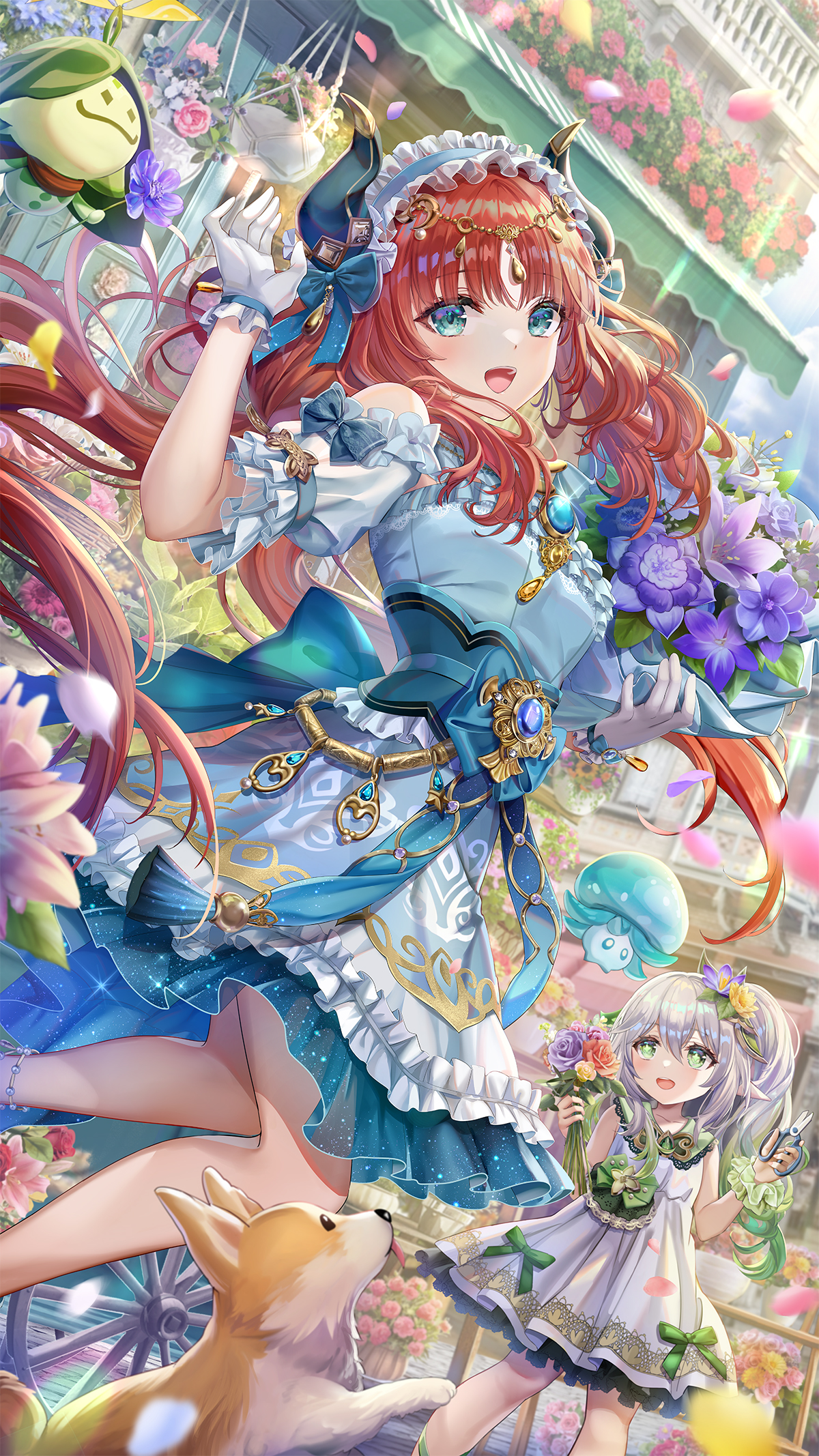 Anime 1200x2134 anime anime girls Nilou (Genshin Impact) Nahida (Genshin Impact) Genshin Impact long hair redhead blue eyes Torino Akua dress looking at viewer dog animals portrait display gradient hair two tone hair green eyes flowers twintails petals gloves sunlight hair bows horns