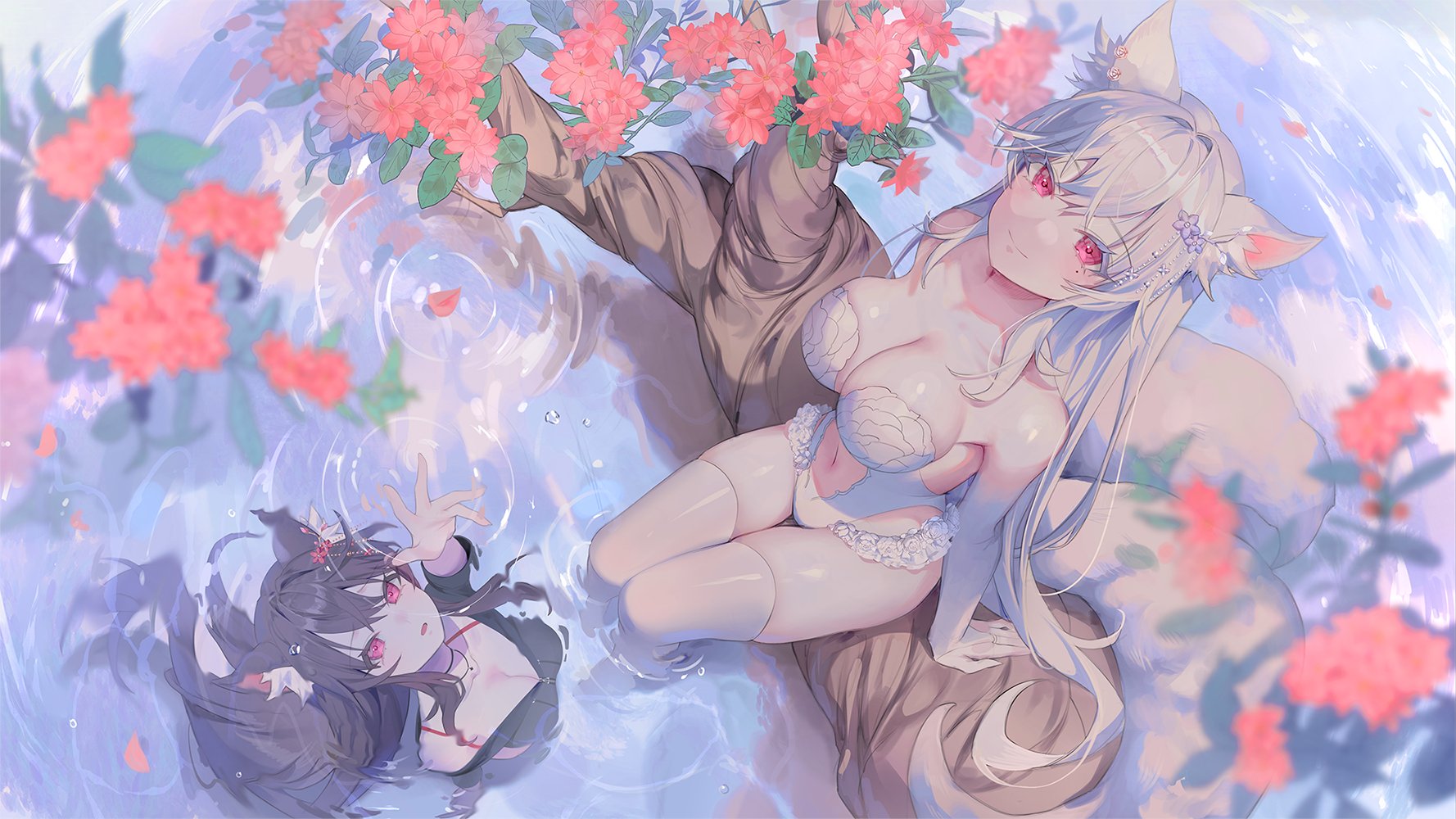 Anime 1778x1000 indie virtual youtuber tail anime girls two women animal ears looking up fox girl looking at viewer fox ears white leotard Virtual Youtuber water arms reaching long hair pink flowers thigh-highs Whois bare shoulders red eyes mole under eye black hair big boobs hair ornament in water white thigh highs flowers fox tail women outdoors smiling water ripples moles high angle petals cleavage branch sitting Niphae ripples