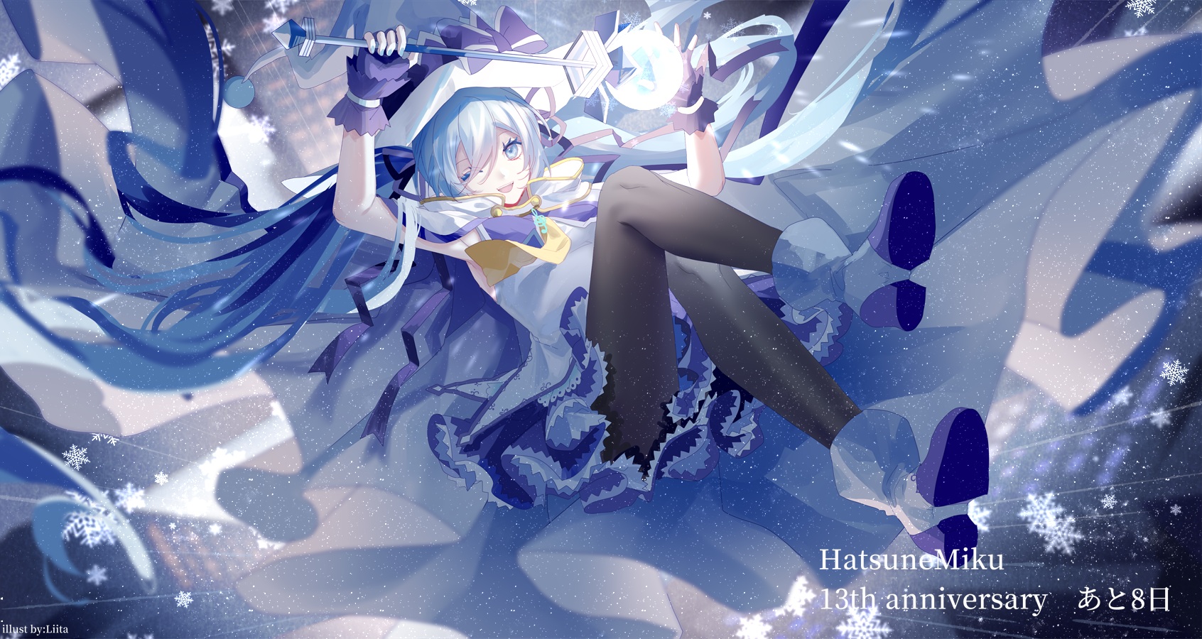 Anime 1692x900 anime anime girls Hatsune Miku Vocaloid anniversary long hair looking at viewer smiling one eye closed open mouth blue hair blue eyes snowflakes dress signature hat gloves fingerless gloves staff Japanese artwork
