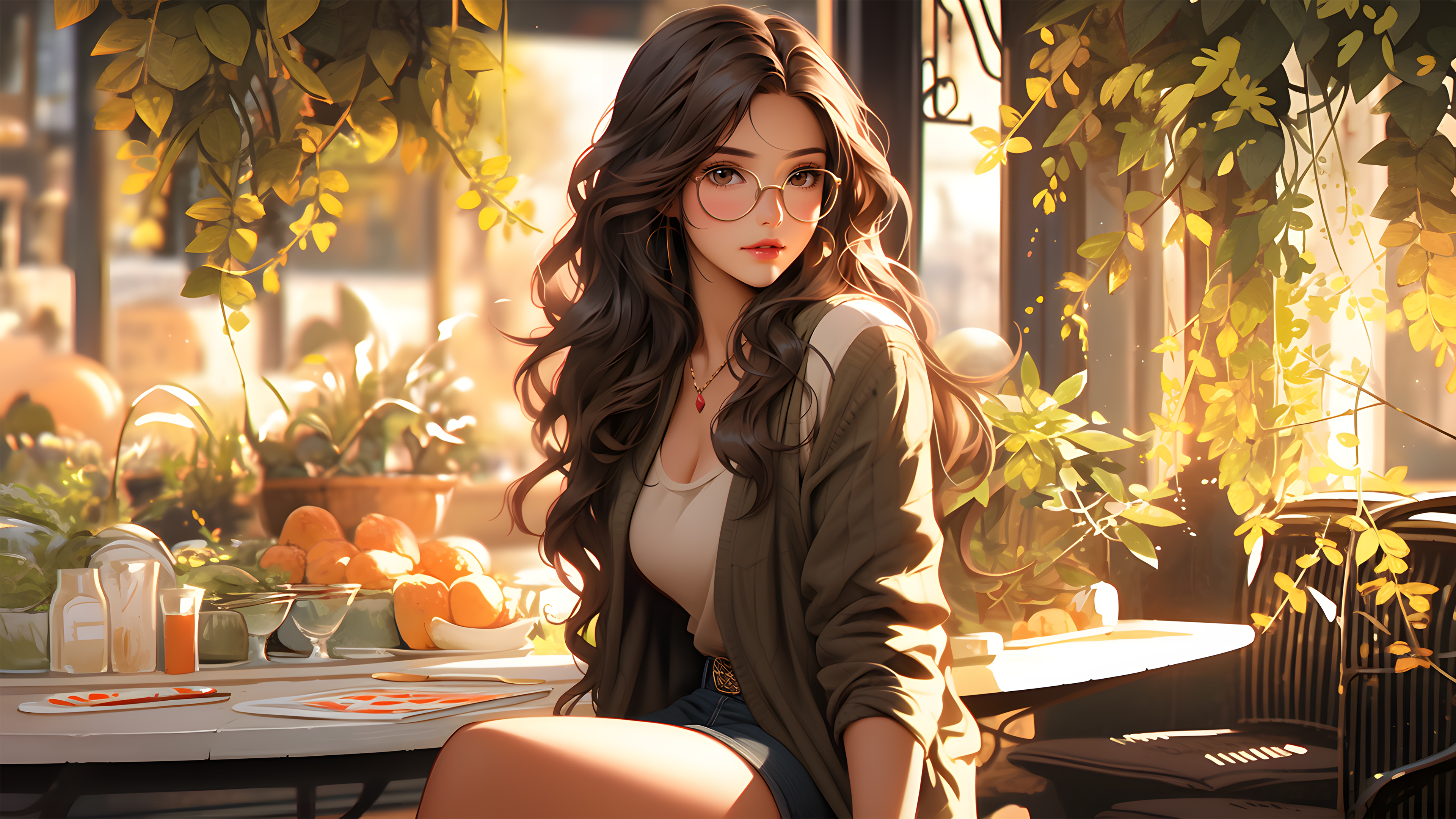 General 3840x2160 AI art women digital art leaves looking at viewer long hair sitting fruit sunset sunset glow sunlight glasses wavy hair necklace cleavage blurred blurry background Asian