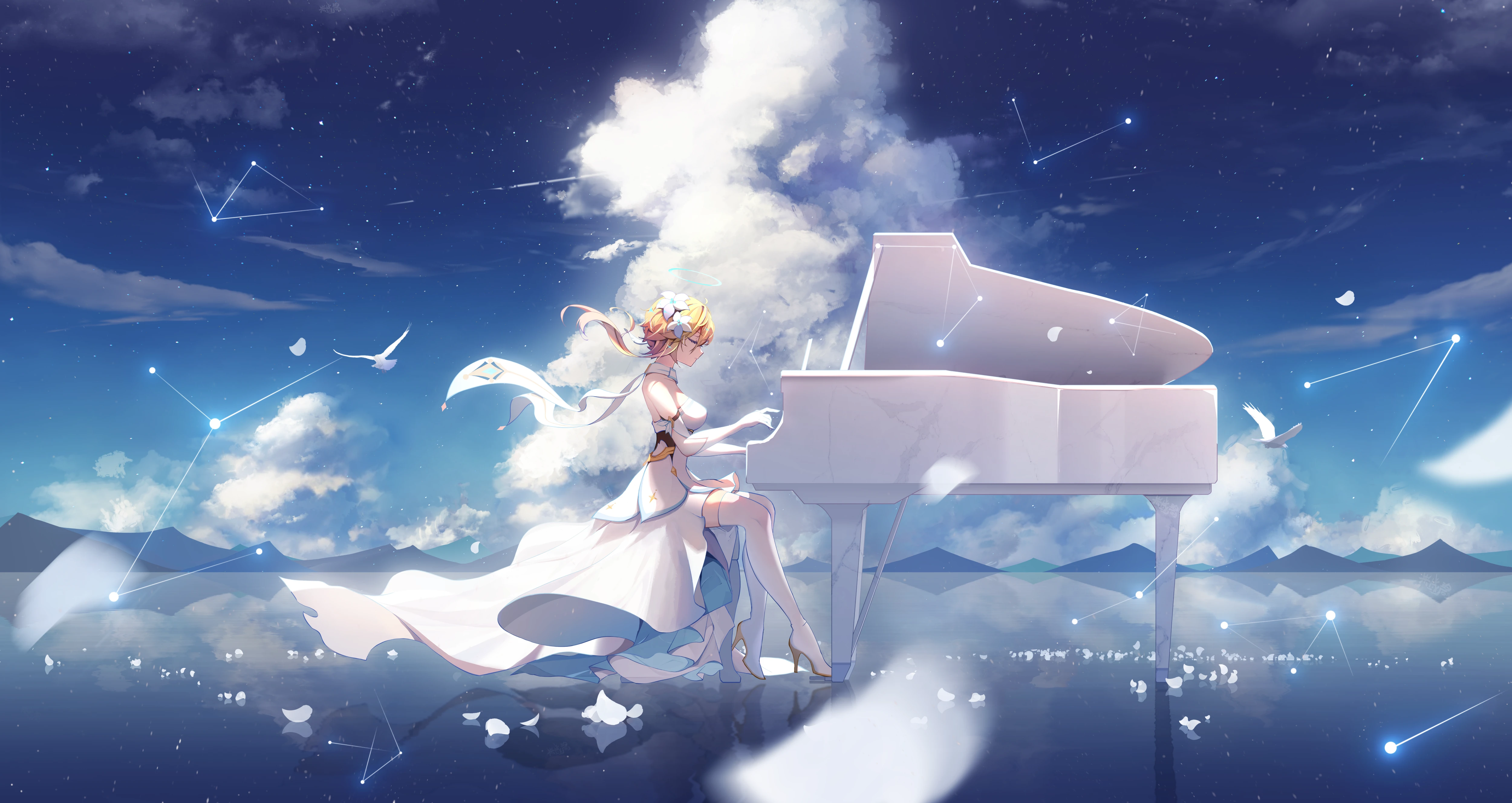 Anime 5000x2657 anime girls anime Genshin Impact piano Lumine (Genshin Impact) sky clouds dress flower in hair elbow gloves sitting blonde closed eyes reflection musical instrument birds animals petals profile thigh-highs