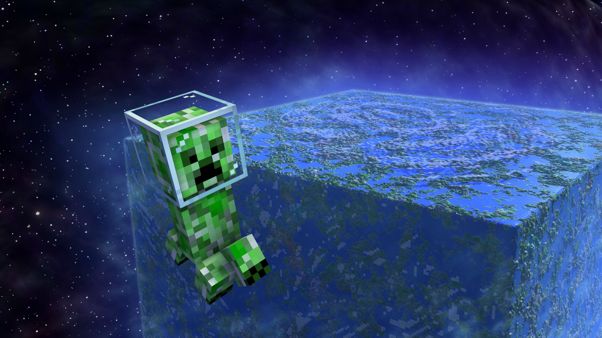General 1920x1080 Minecraft creeper video game characters Mojang video games space video game art stars planet cube Earth helmet USA