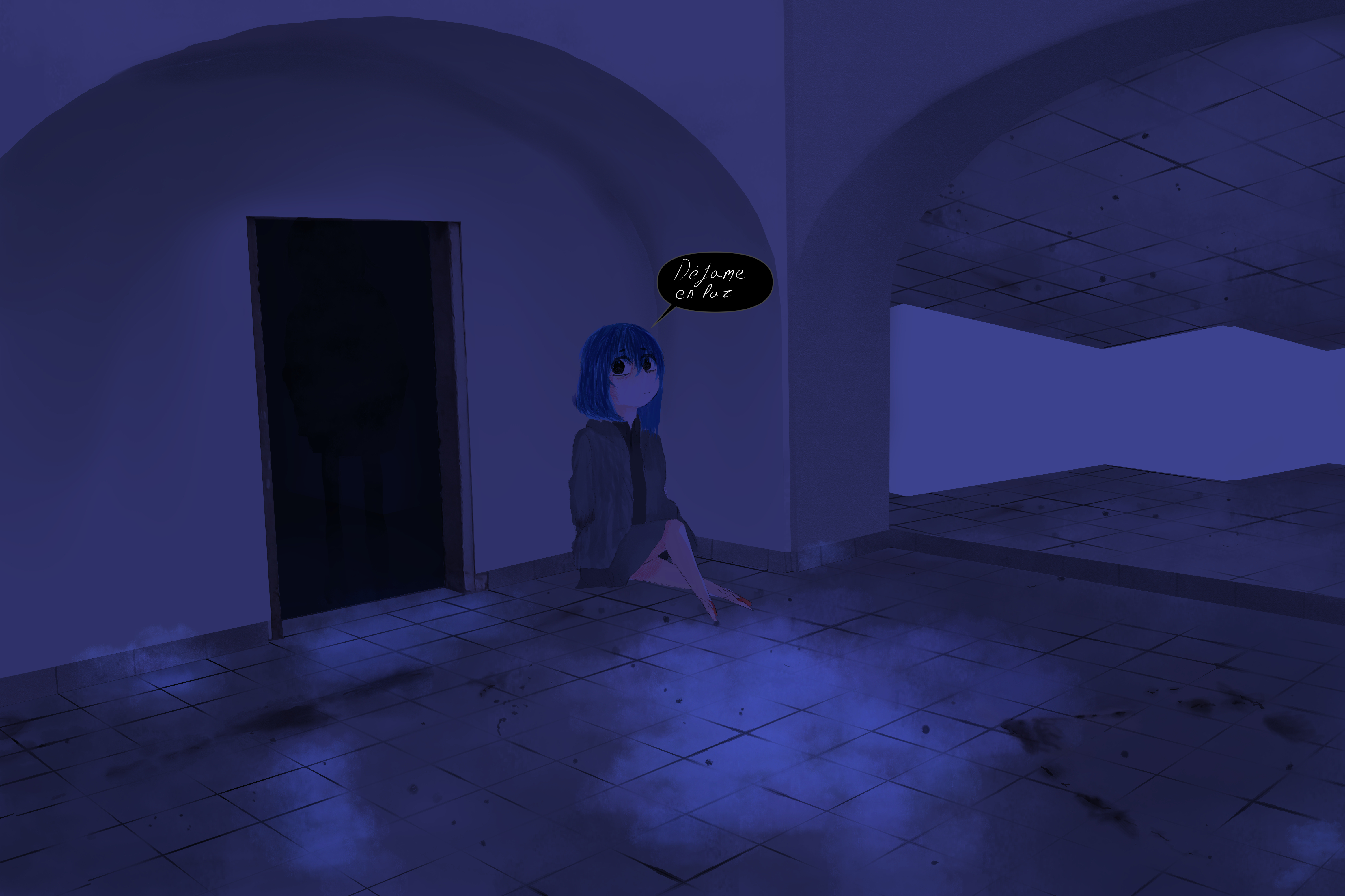 Anime 4659x3104 shadow digital art artwork horror sitting simple background dark anime girls text Spanish door short hair blue hair