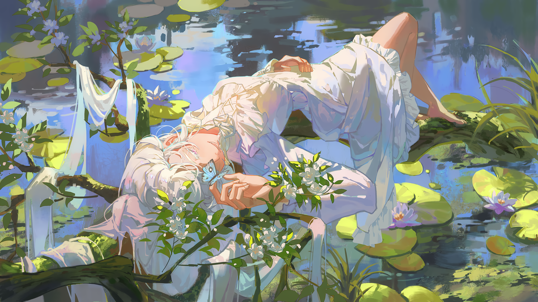 Anime 1799x1012 anime anime girls lying on back one eye obstructed closed eyes long hair white hair leaves butterfly insect branch water lilies dress flowers water