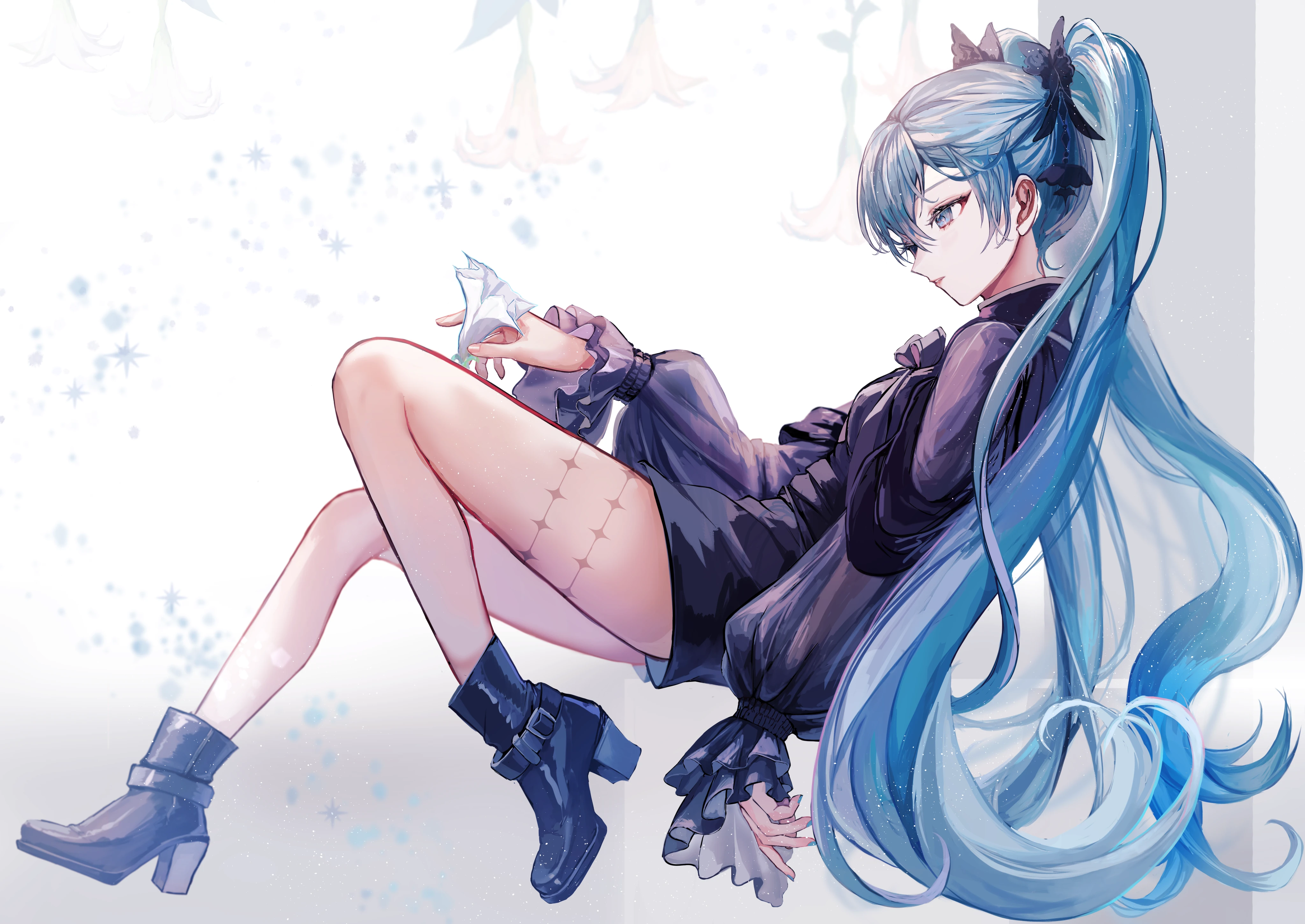 Anime 4096x2901 Hatsune Miku Vocaloid artwork anime anime girls long hair blue hair twintails boots thighs profile long sleeves blue eyes simple background