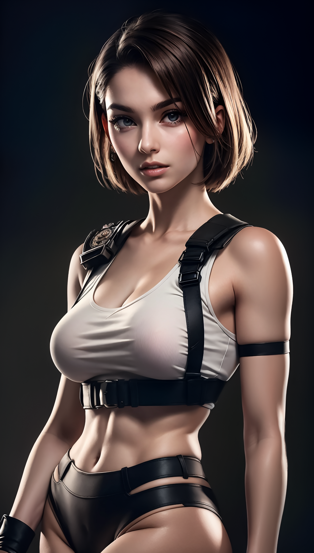 General 1024x1800 Stable Diffusion AI art Jill Valentine Resident Evil women gradient portrait display digital art short hair minimalism cleavage looking at viewer big boobs bare shoulders thighs simple background