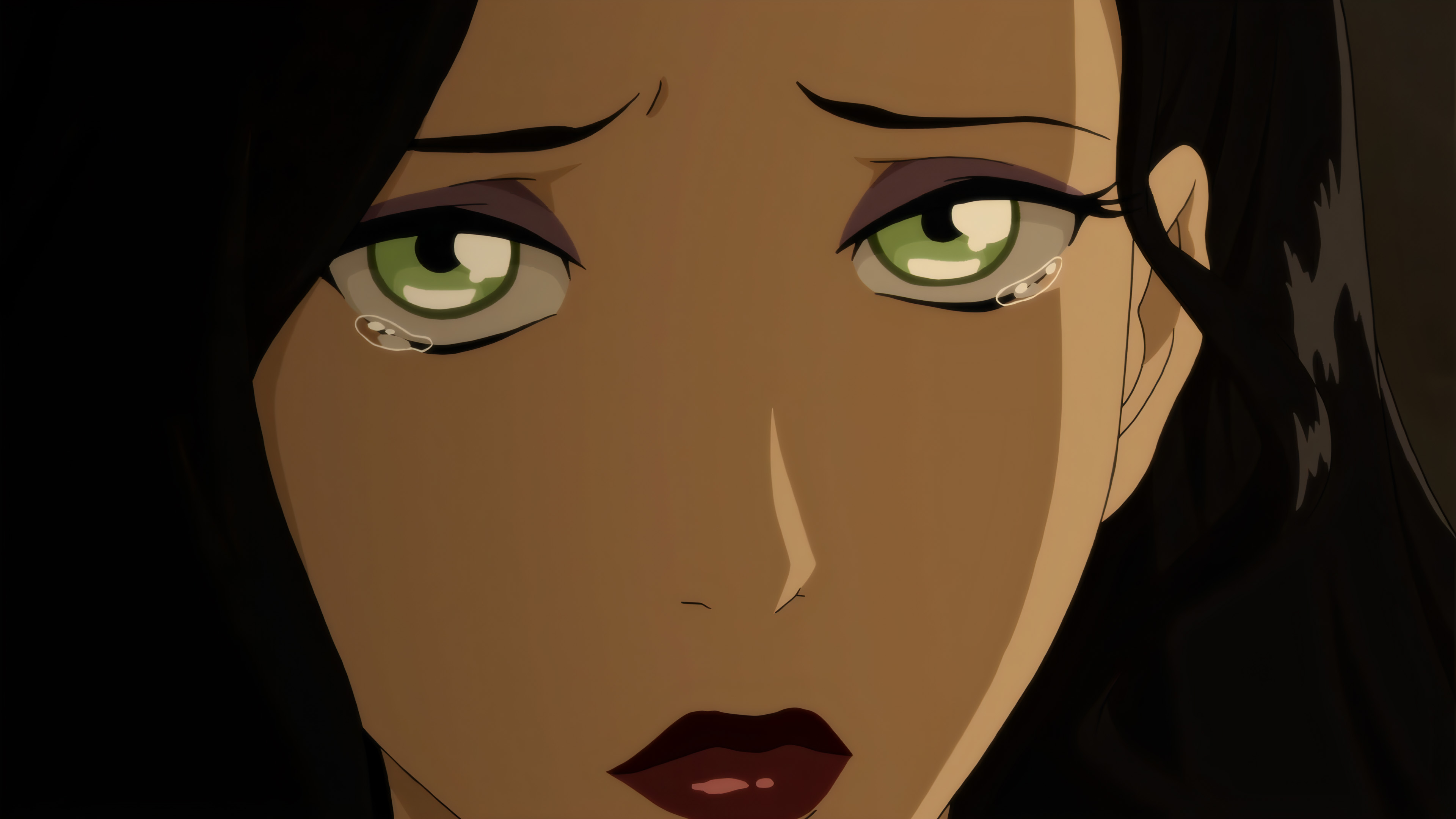 Anime 3840x2160 screen shot upscaled The Legend of Korra face Asami Sato red lipstick looking at viewer lipstick tears closed mouth black hair green eyes closeup