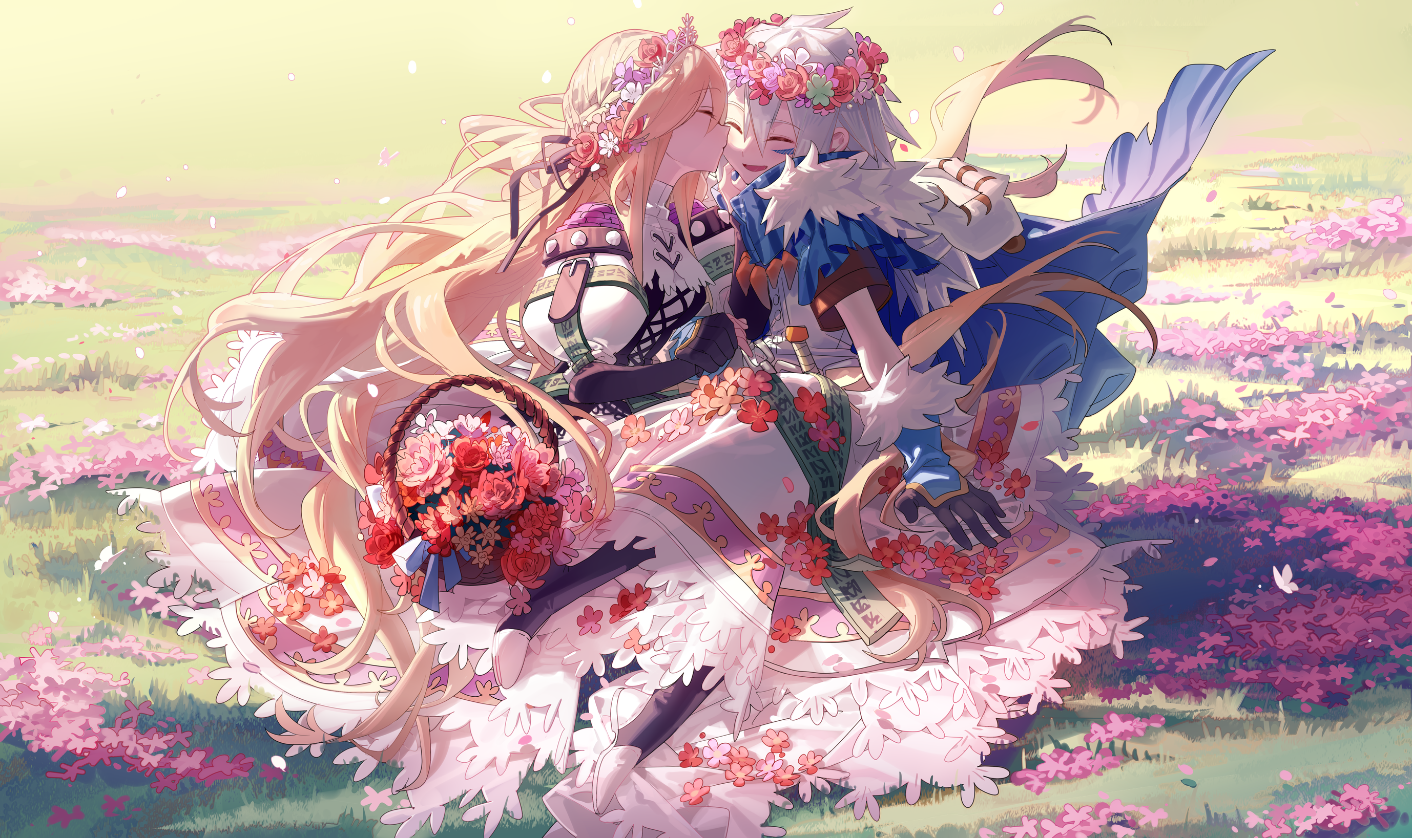 Anime 2756x1637 anime Pixiv anime girls flowers flower crown kissing Yggdra Union Milanor Yggdra Yuril Artwaltz grass closed eyes baskets anime boys gloves Shuno (artist)