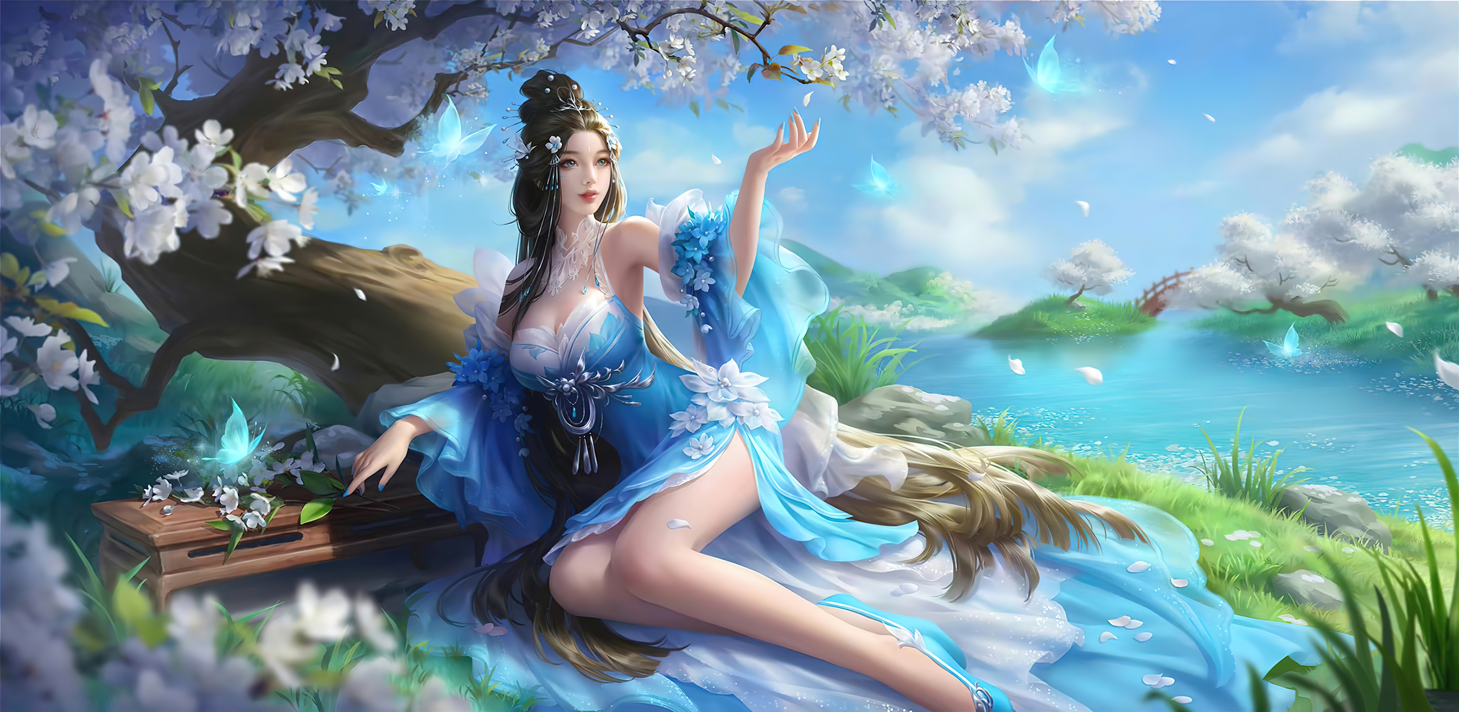 General 5000x2442 water video game art flowers video games women video game characters Asian petals trees