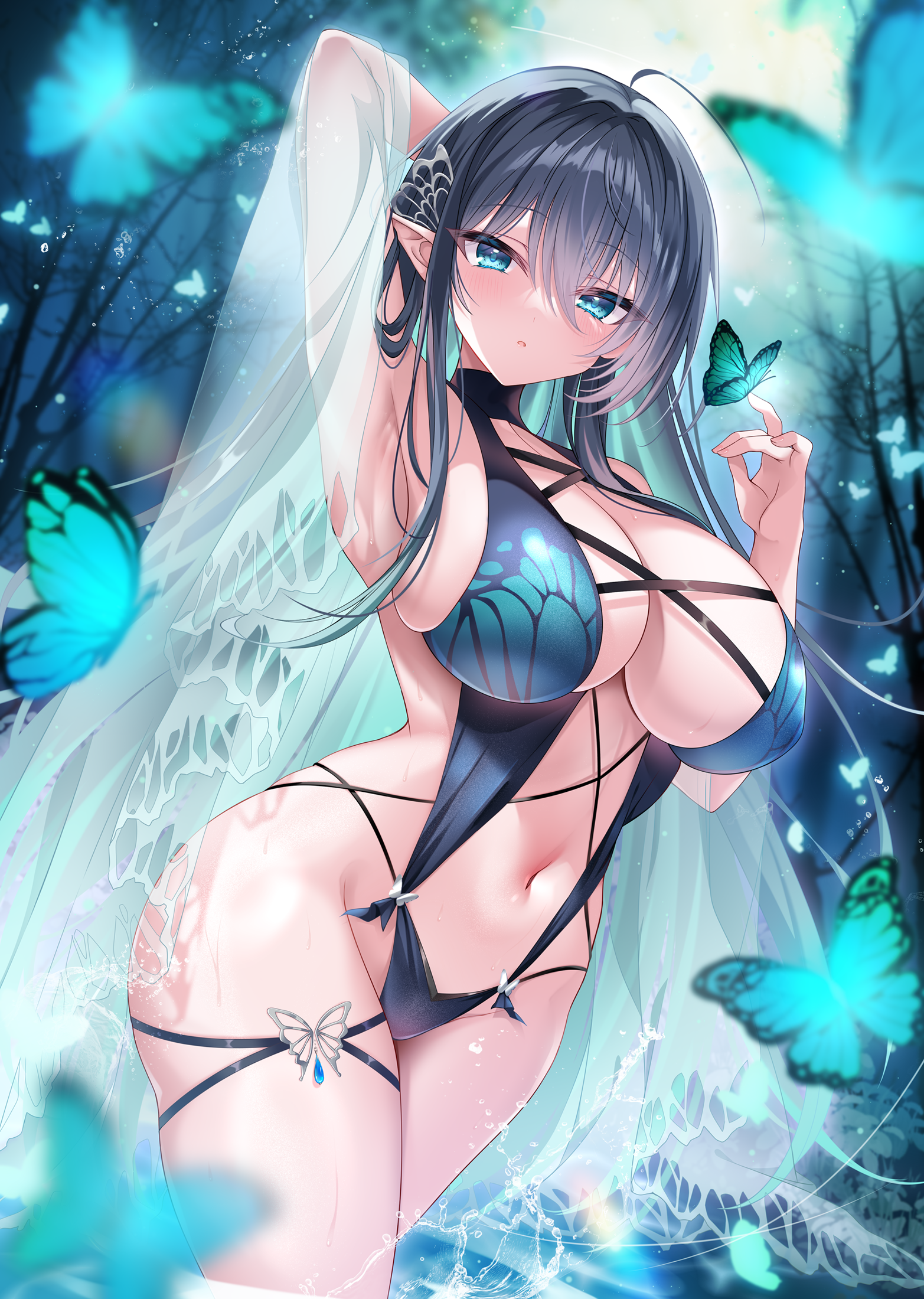 Anime 1565x2200 anime girls swimwear looking at viewer butterfly blue eyes Blue Butterflies Slingshot huge breasts depth of field black hair standing in water veils gradient hair long hair cleavage hair ornament pointy ears parted lips Akatsuki (Aktk511) elves two tone hair armpits one arm up belly button