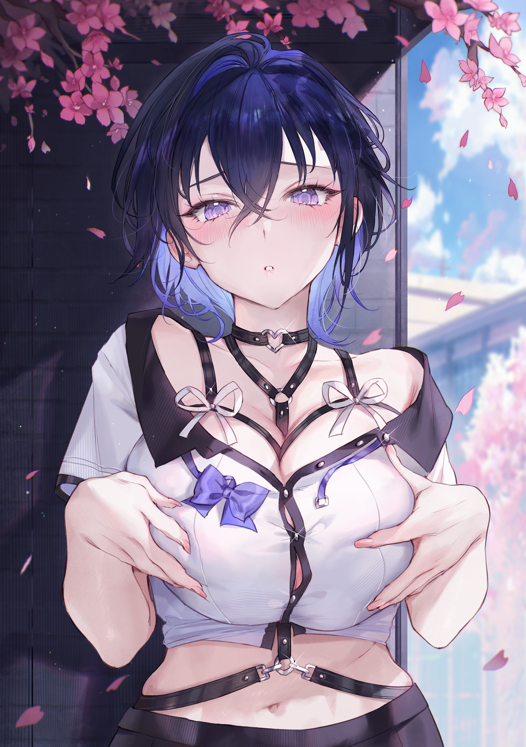 Anime 1762x2500 portrait display short hair purple eyes purple hair looking at viewer petals huge breasts blushing cherry blossom flowers white shirt cleavage women outdoors clouds Qiandaiyiyu pink flowers hands on boobs shirt closed mouth ribbon parted lips outdoors sky anime girls