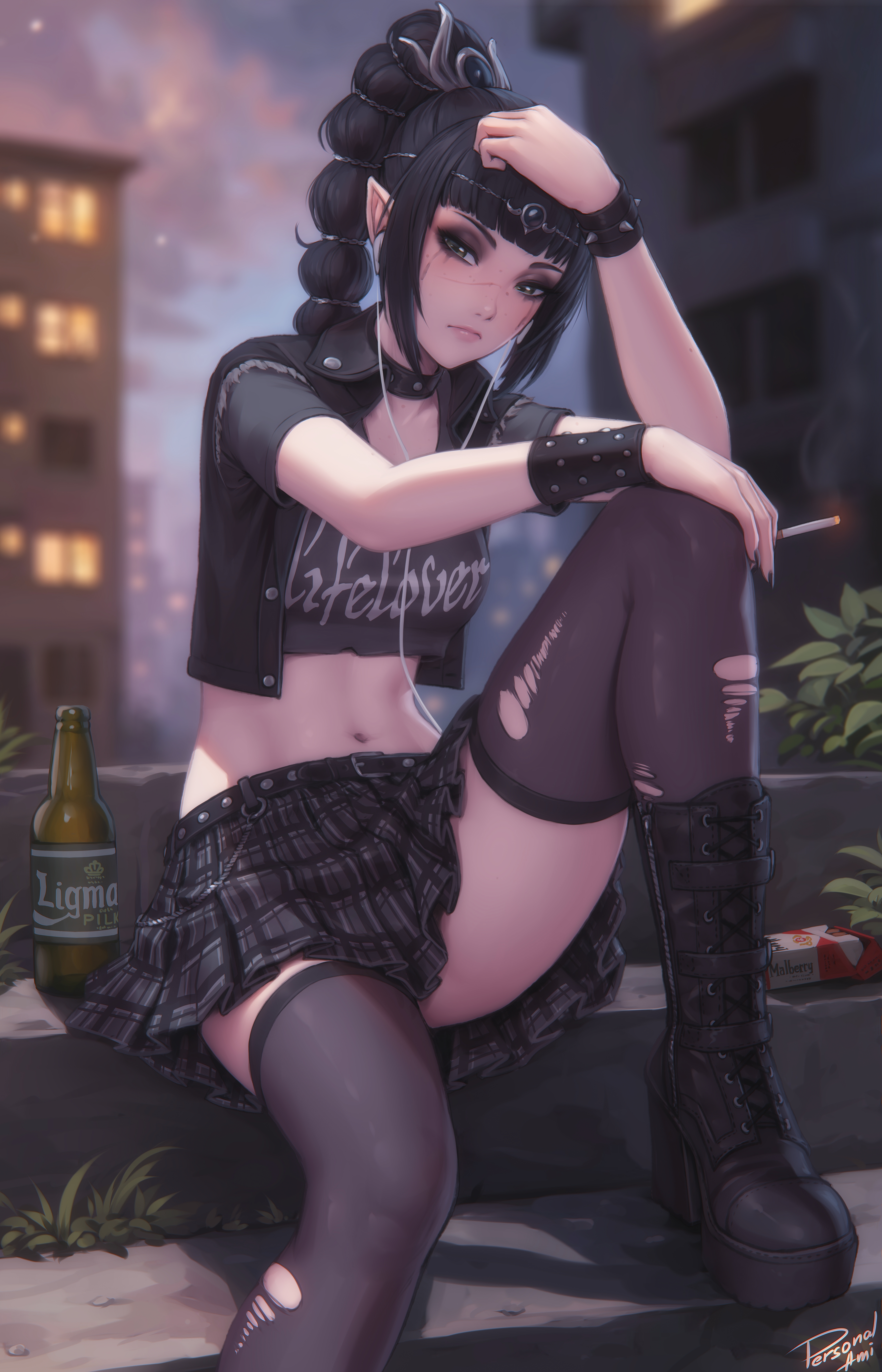 General 4500x7000 Shadowheart (Baldur's Gate) Baldur's Gate fantasy girl video game girls artwork drawing fan art Baldur's Gate 3 sitting video games stockings torn stockings braids looking at viewer leaves long hair portrait display drinking glass signature cigarettes smoking building closed mouth earphones skirt blurred blurry background frills black hair pointy ears stairs boots jacket choker Personal ami