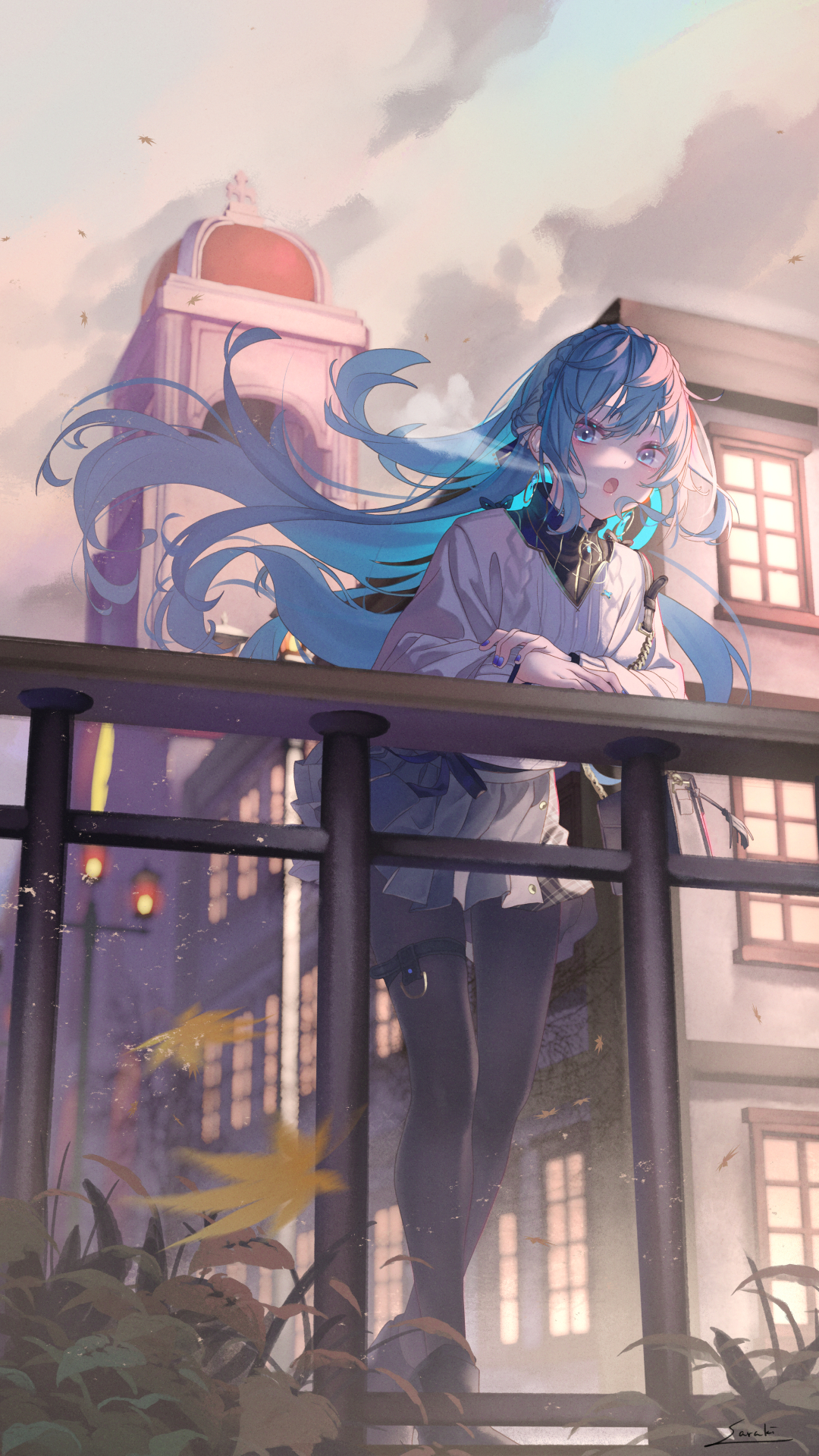 Anime 1080x1920 Pixiv anime anime girls long hair original characters clouds portrait display wind hair blowing in the wind open mouth blue hair blue eyes looking at viewer sunlight leaves frills building skirt braids