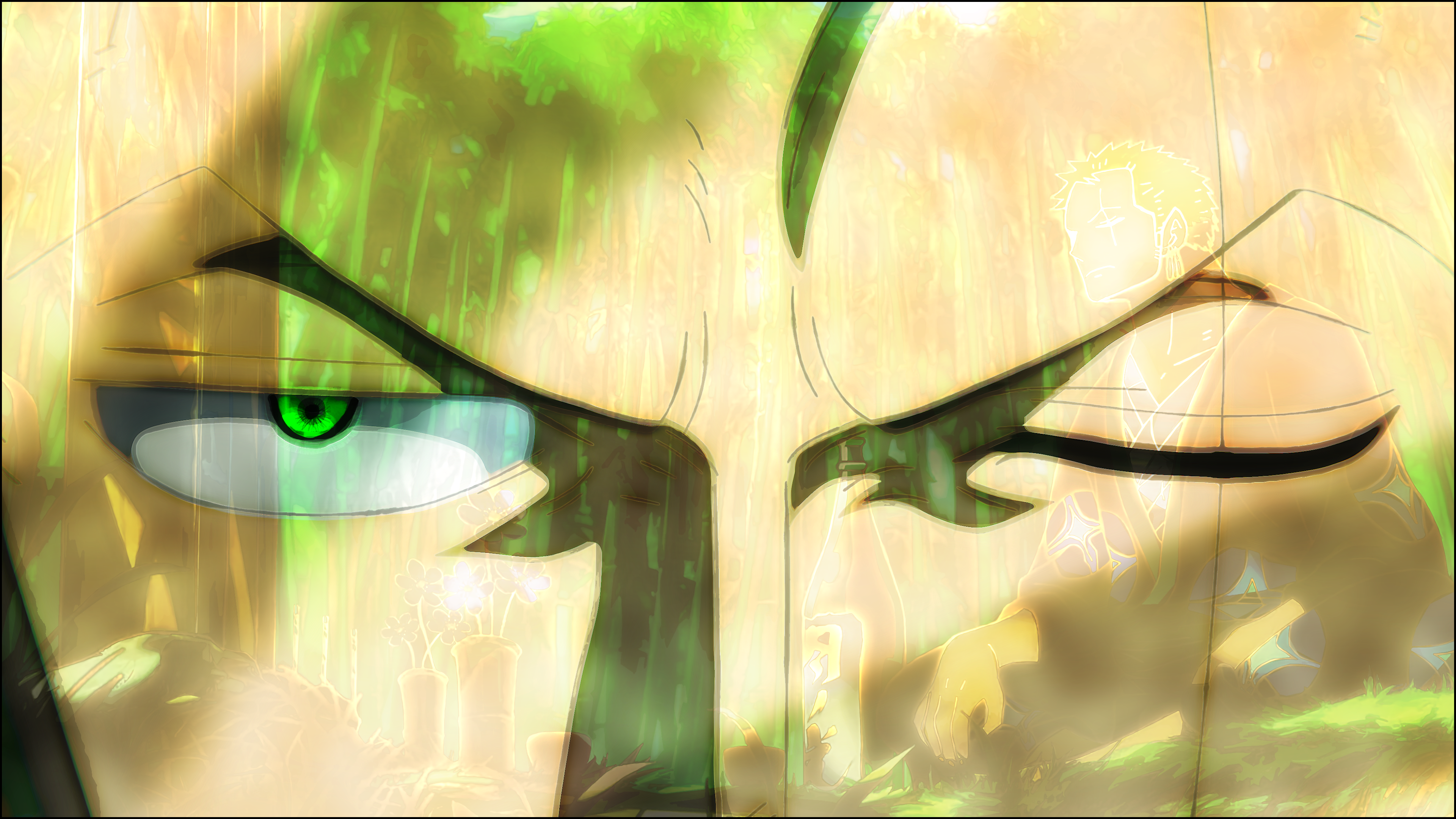 Anime 3840x2160 Roronoa Zoro One Piece looking at viewer closeup anime boys green eyes one eye closed scars eyes