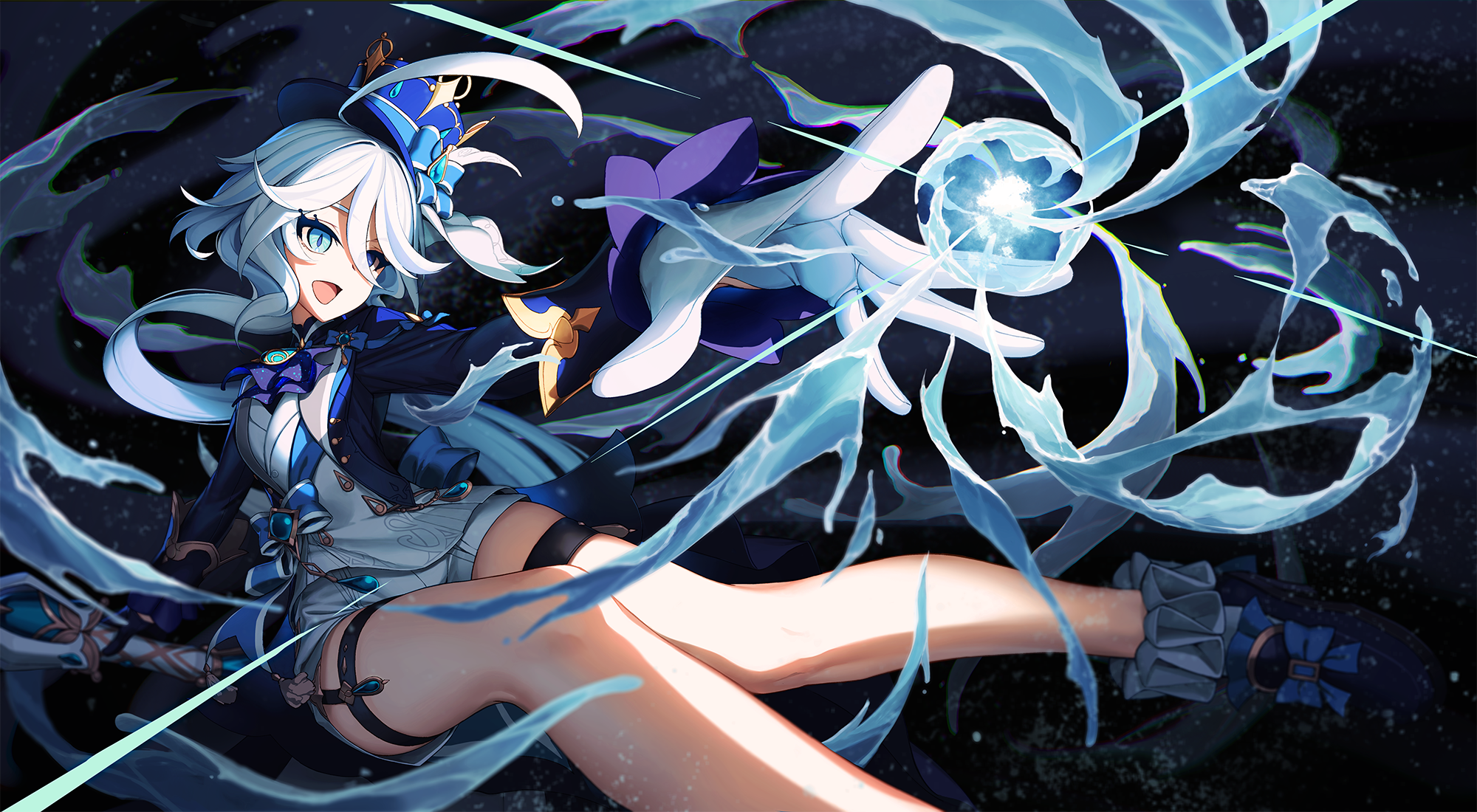 Anime 2000x1100 Furina (Genshin Impact) anime anime girls Genshin Impact gloves looking away long hair heterochromia gemstones open mouth magic hair in face blue hair blue eyes hat frills mismatched gloves top hat