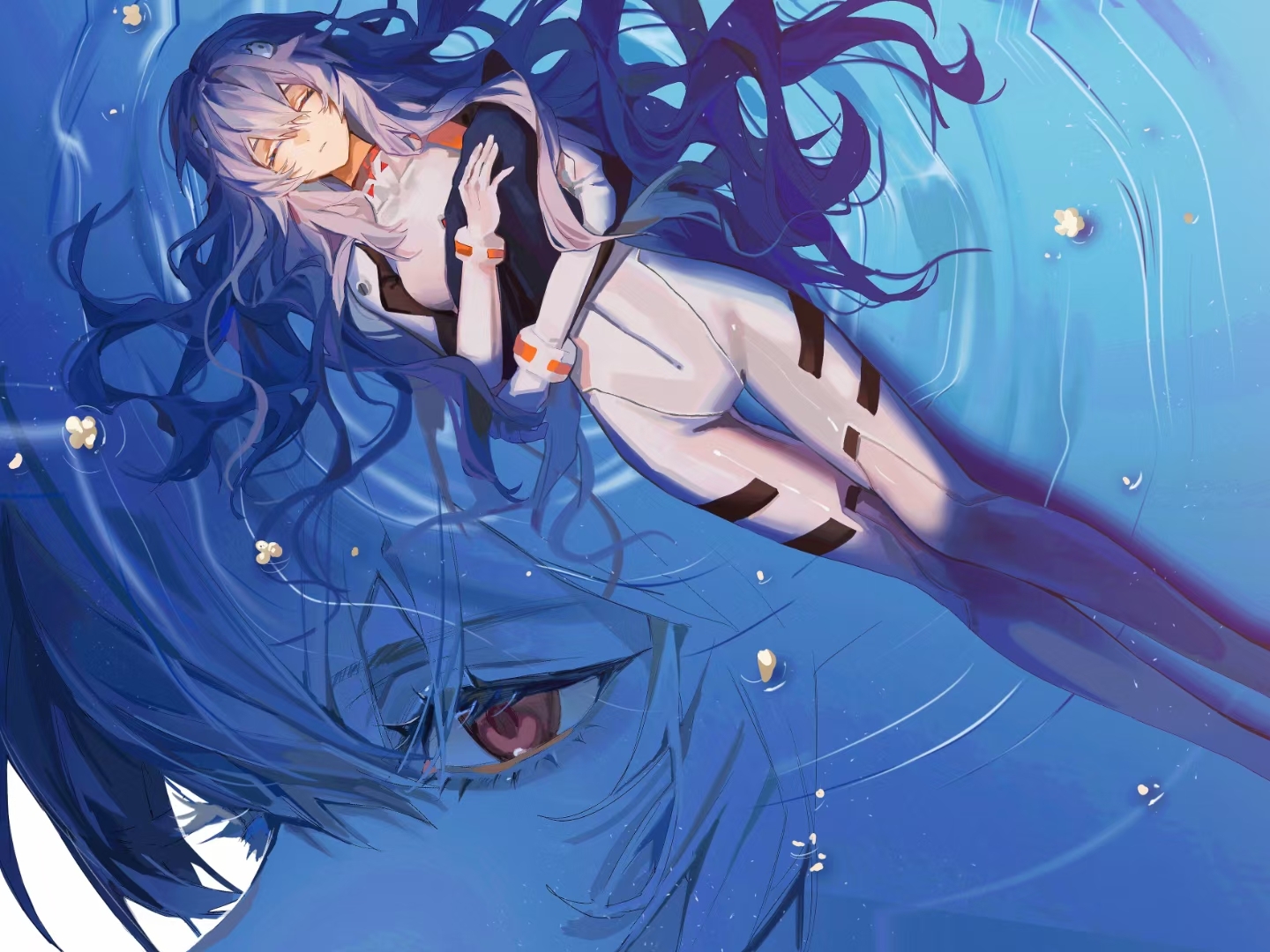 Anime 1440x1080 long hair blue hair bodysuit red eyes Neon Genesis Evangelion Ayanami Rei closed eyes lying down lying on back anime girls water parted lips