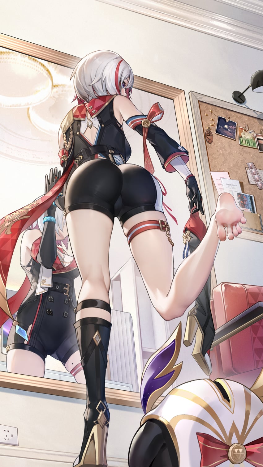 Anime 850x1511 Honkai: Star Rail low-angle portrait display anime girls Topaz(Honkai:Star Rail) thigh strap blue eyes black gloves high heels two tone hair short hair standing on one leg mirror high heeled boots barefoot Huanglongen foot sole detached sleeves indoors women indoors rear view moles boots toes feet reflection ass