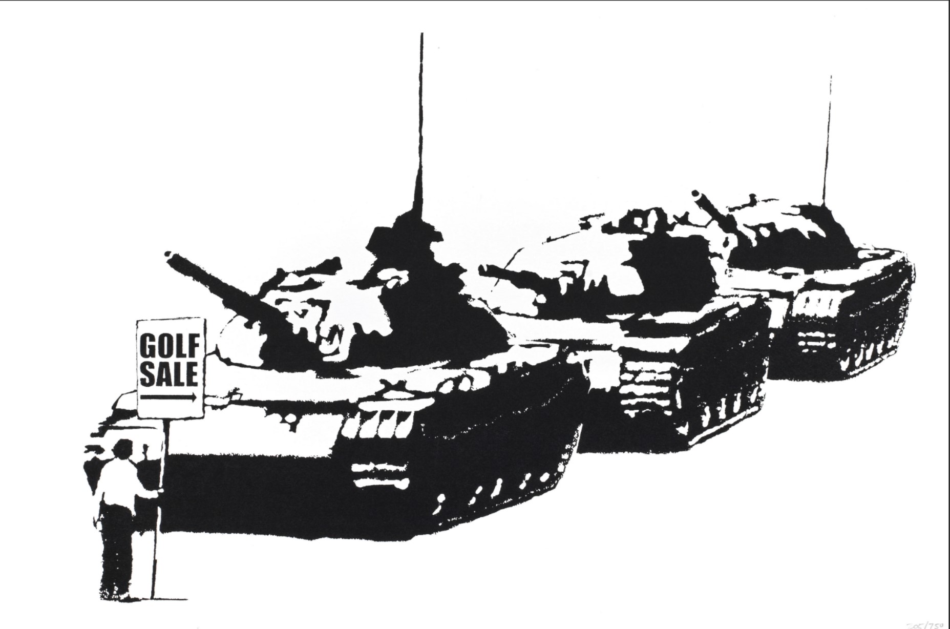 General 1855x1228 China Chinese monochrome men tank Tank Man signs protestors Tiananmen Square artwork humor military vehicle golf Banksy graffiti minimalism simple background standing white background