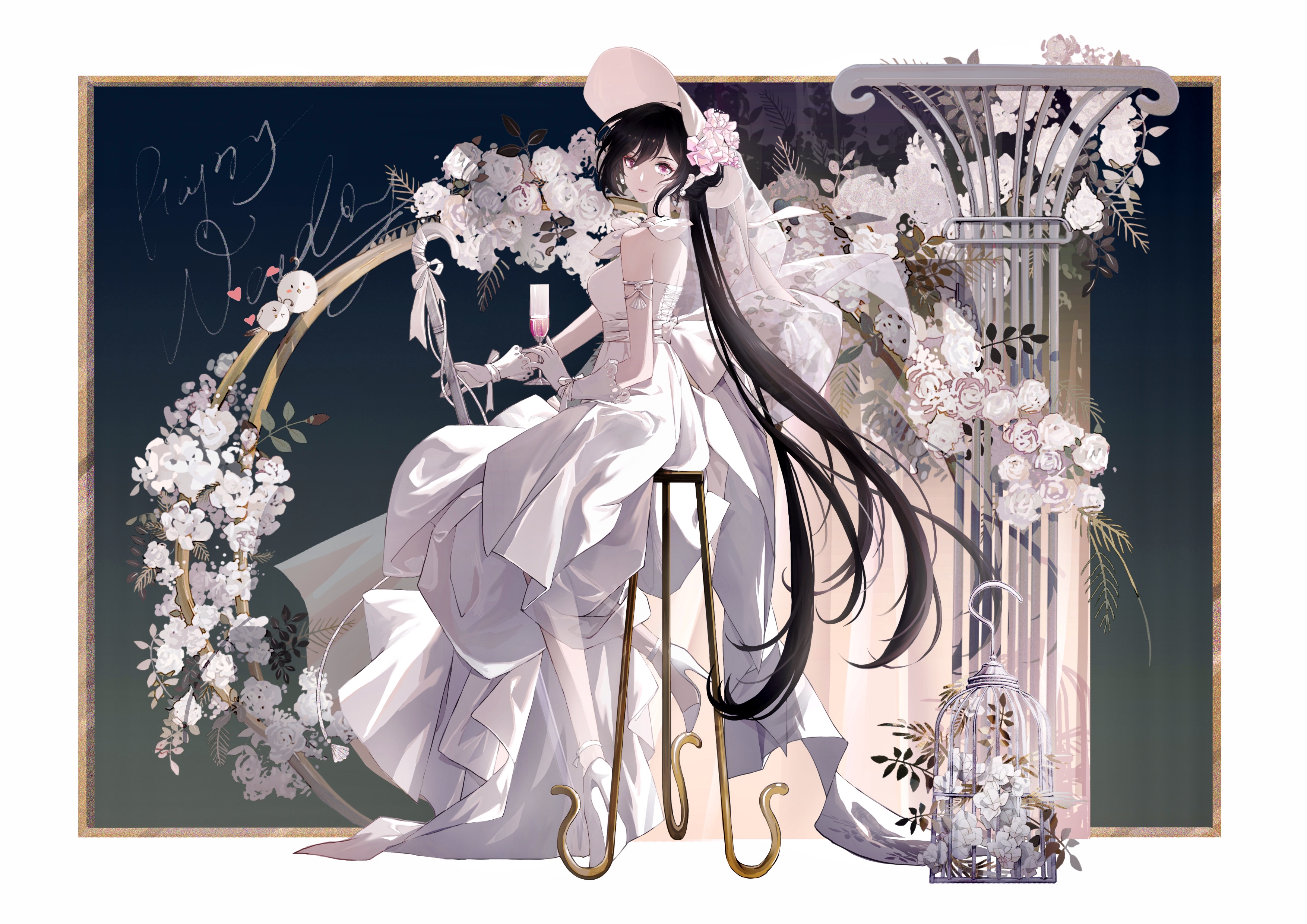 Anime 3508x2480 anime anime girls Pixiv long hair wine glass gloves flowers stools chair looking at viewer hat cages leaves purple eyes earring dark hair heels sitting dress