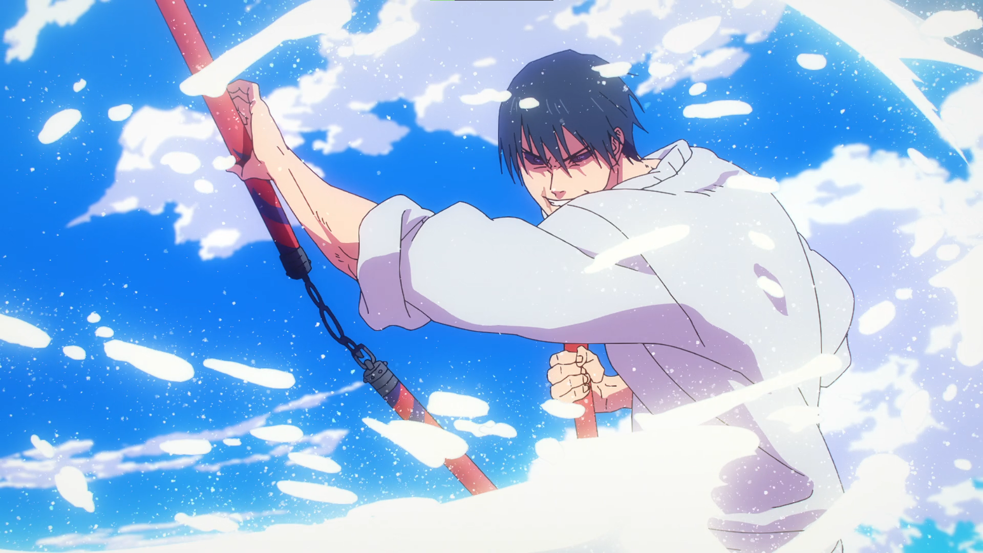 Anime 1920x1080 Jujutsu Kaisen Fushiguro Toji water sweater sky clouds hands black eyes anime Anime screenshot anime boys scars smiling
